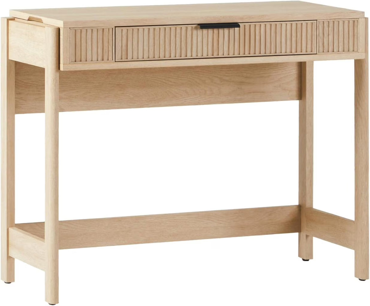 LHHP Transitional Style Furniture, Reeded Detail, Lift-Top Desk with Drawer and Storage Cubby, Sitting to Standing Desk, Soft Self-Close Desktop, 38��W x 16.75��D x 30��H, Coastal Oak