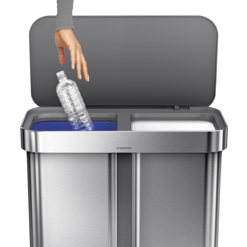 simplehuman 58 Liter / 15.3 Gallon Rectangular Dual Compartment Recycling Step, Brushed Stainless Steel with Soft-Close Plastic Lid Kitchen Trash Can