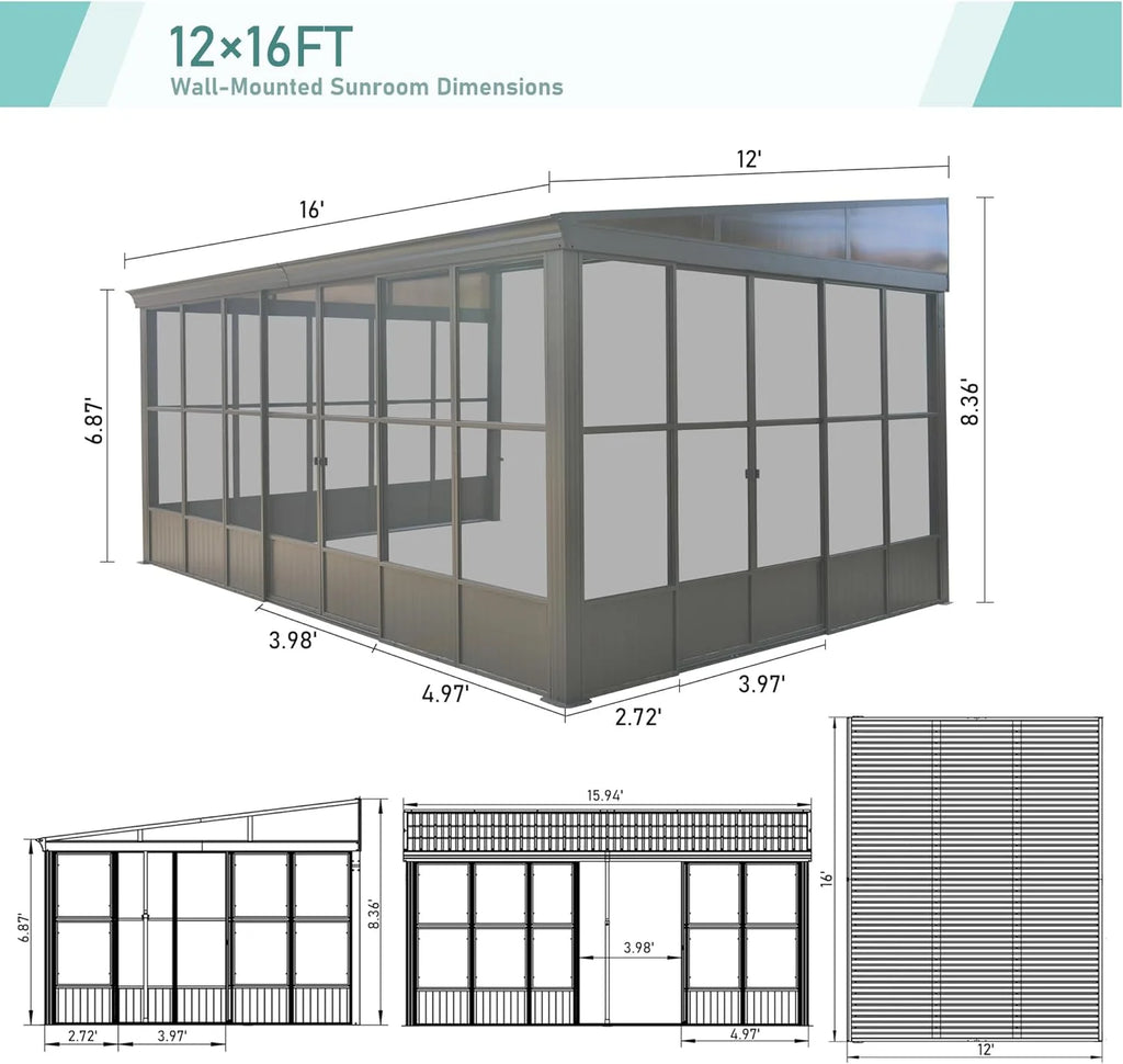 TOTAL Outdoor 10'x12' All-Season Sunroom Gazebo with Steel Roof, PVC Screen, Front & Side Door, Brown