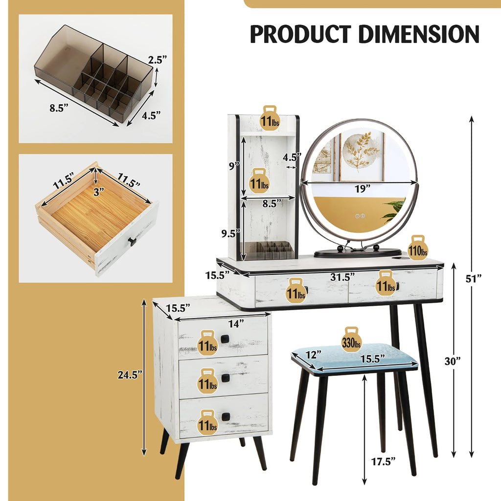 Costway Vanity Makeup Table Set 3-Color Dimmable Human Body Induction LED Light White