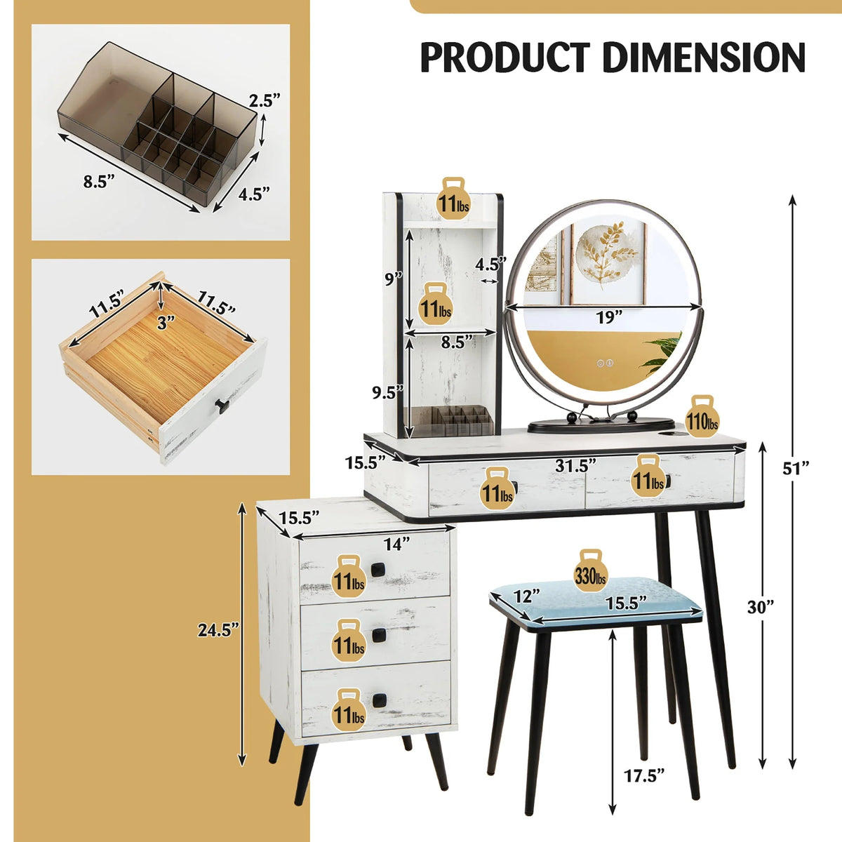 Costway Vanity Makeup Table Set 3-Color Dimmable Human Body Induction LED Light White