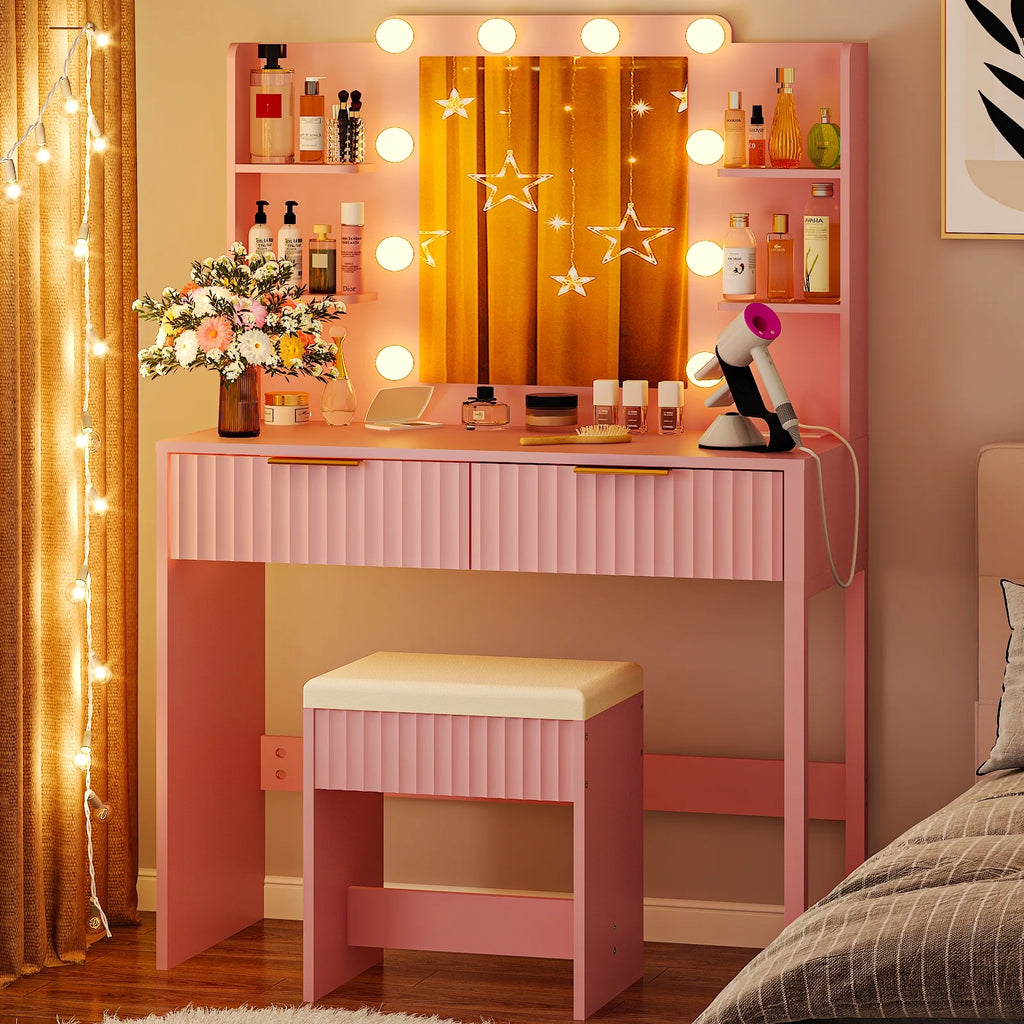 Ktaxon Lighted Makeup Vanity, White Vanity Table Set with 2 Drawer and Charging Station, Femal Gift