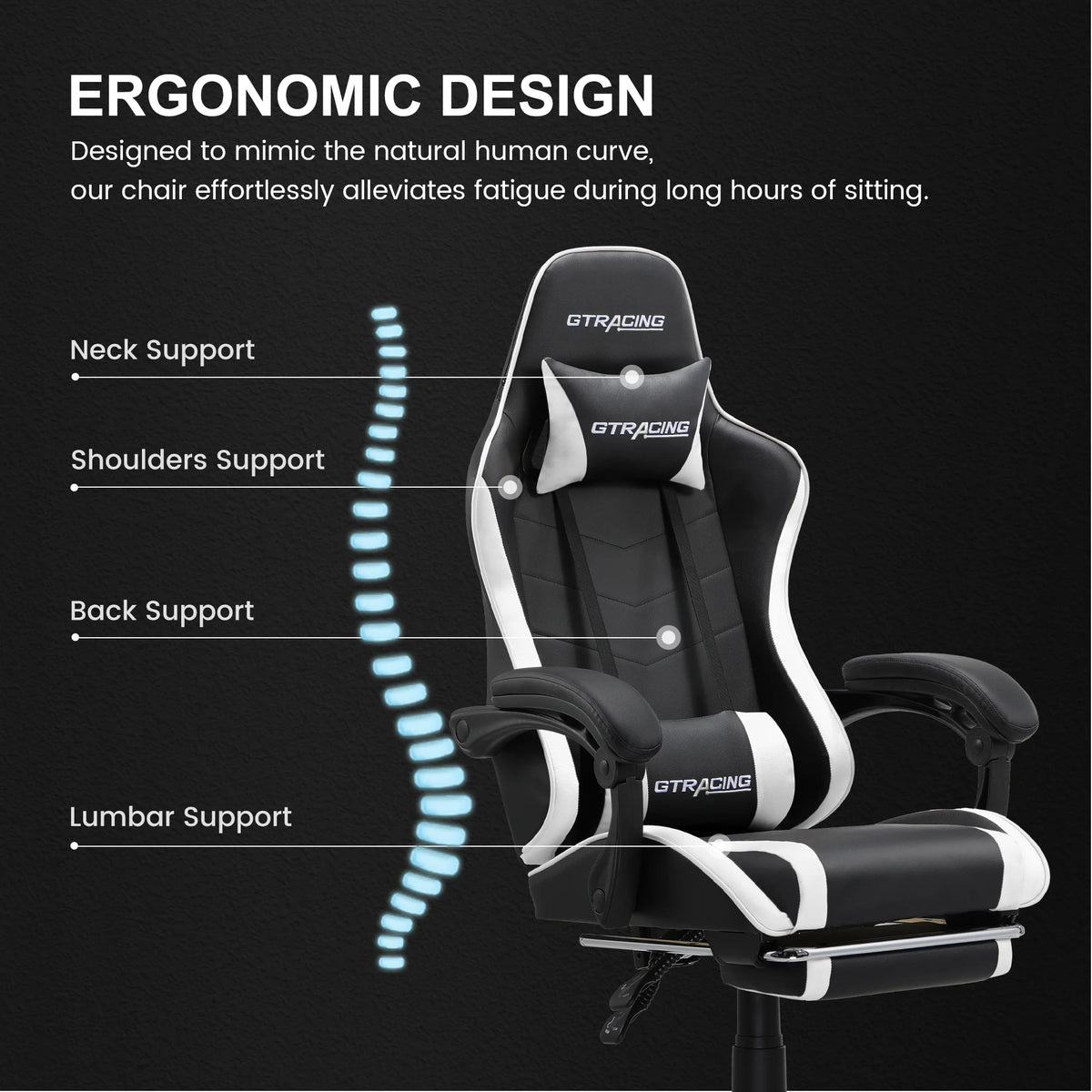 GTRACING GTWD-200 Ergonomic Gaming Chair with Adjustable Pillows and Footrest , White