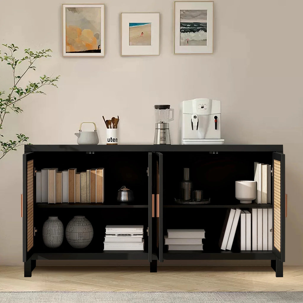 Modern Rattan Sideboard Buffet Cabinet, Kitchen Storage Cabinet, Living Room TV Stand for TVs up to 65", Entertainment Center with Adjustable Shelf, for Dining Living Room Hallway, White
