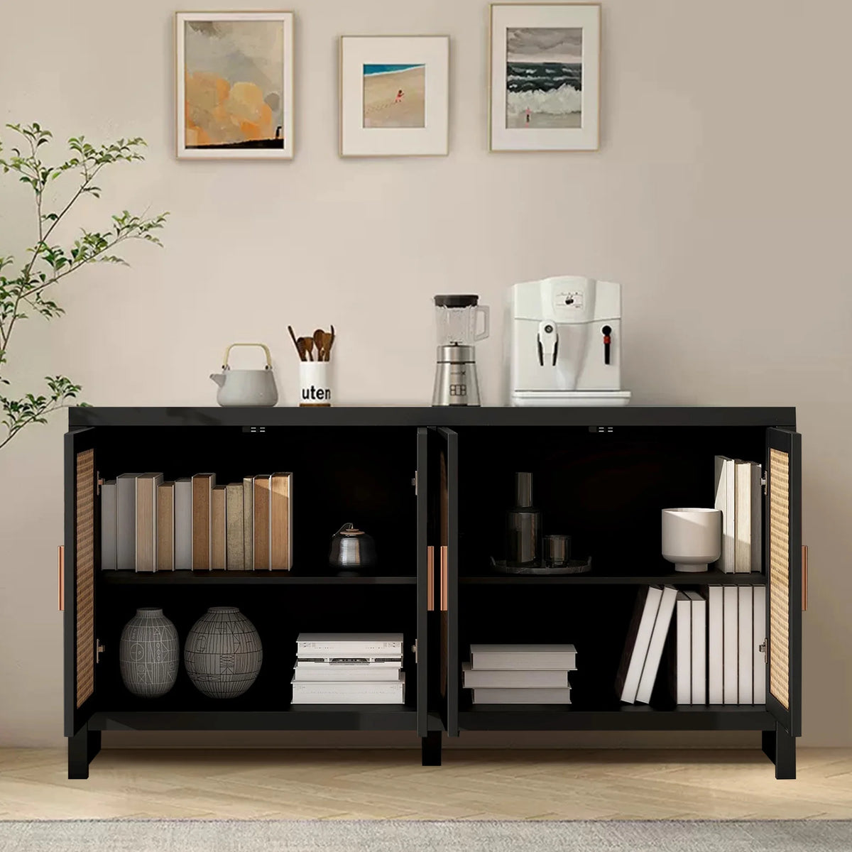 Modern Rattan Sideboard Buffet Cabinet, Kitchen Storage Cabinet, Living Room TV Stand for TVs up to 65", Entertainment Center with Adjustable Shelf, for Dining Living Room Hallway, White