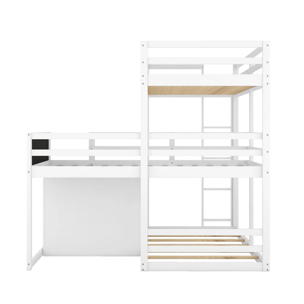 Triple Bunk Beds, L-Shaped Triple Beds with Storage Cabinet & Blackboard, Solid Wood Bunk Beds Frame with Full-length Guardrails & Built-in Ladder for Kids, Teens, 3 Beds in 1, Twin/Twin/Twin, White