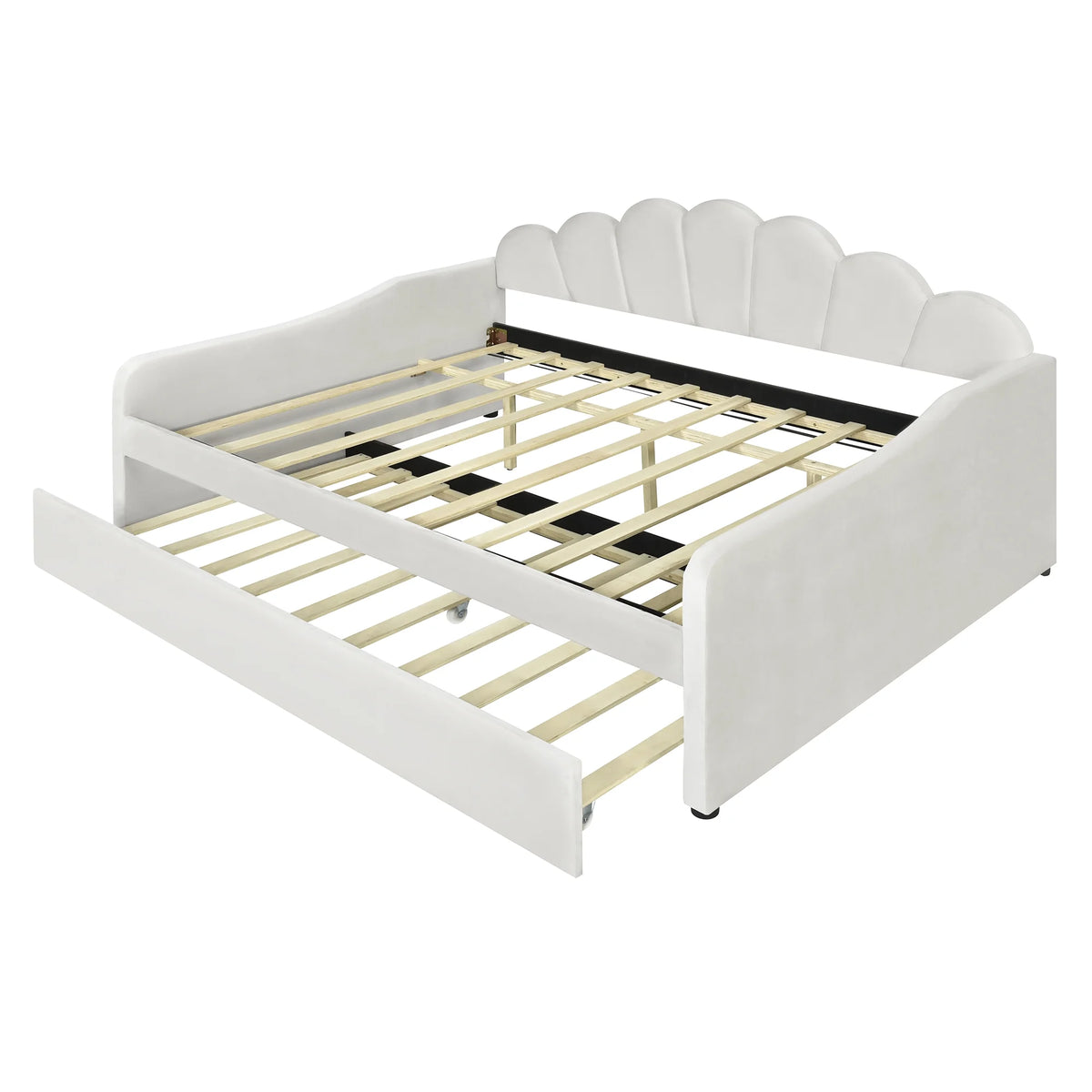 EUROCO Upholstery Full Size Platform Bed, Upholstered Daybed with Headboard and Trundle, Beige
