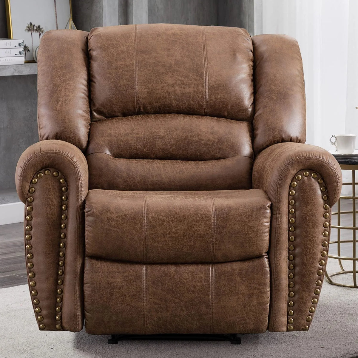 Bonzy Home Widen Leather Recliner Chair with Comfortable Arms and Back Single Sofa for Living Room, Nut Brown