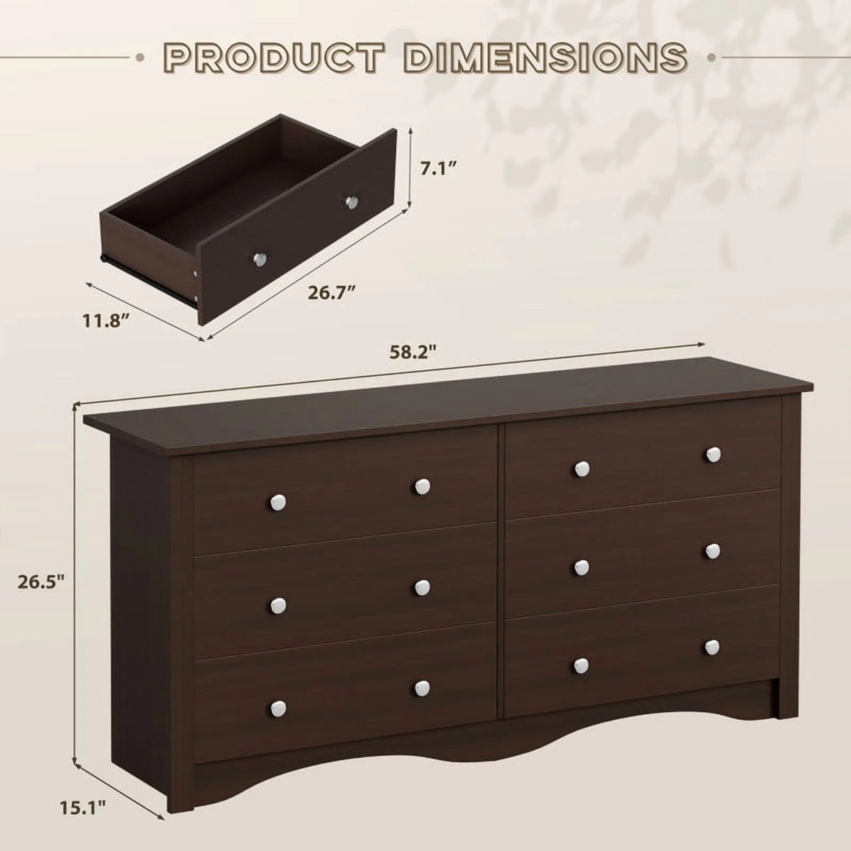 Lumihaven Rustic Modern Chest of 6 Drawers,Extra Wide Double Dresser for Master Bedroom or Nursery Storage,Black