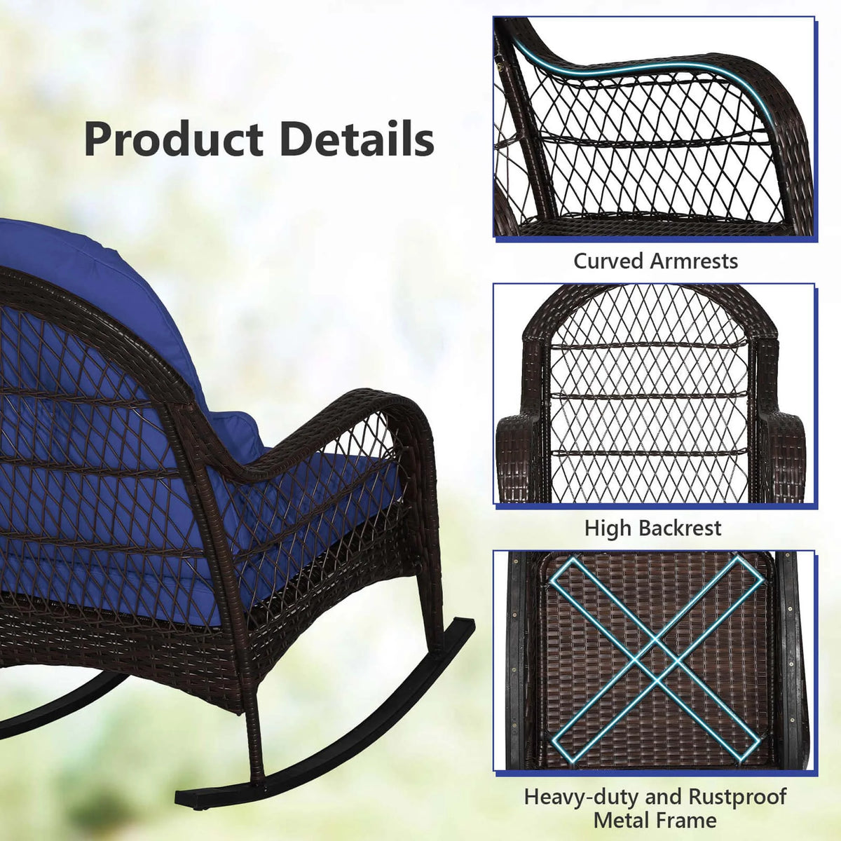 Costway Patio Wicker Rocking Chair W/Seat Back Cushions & Lumbar Pillow Porch Off White