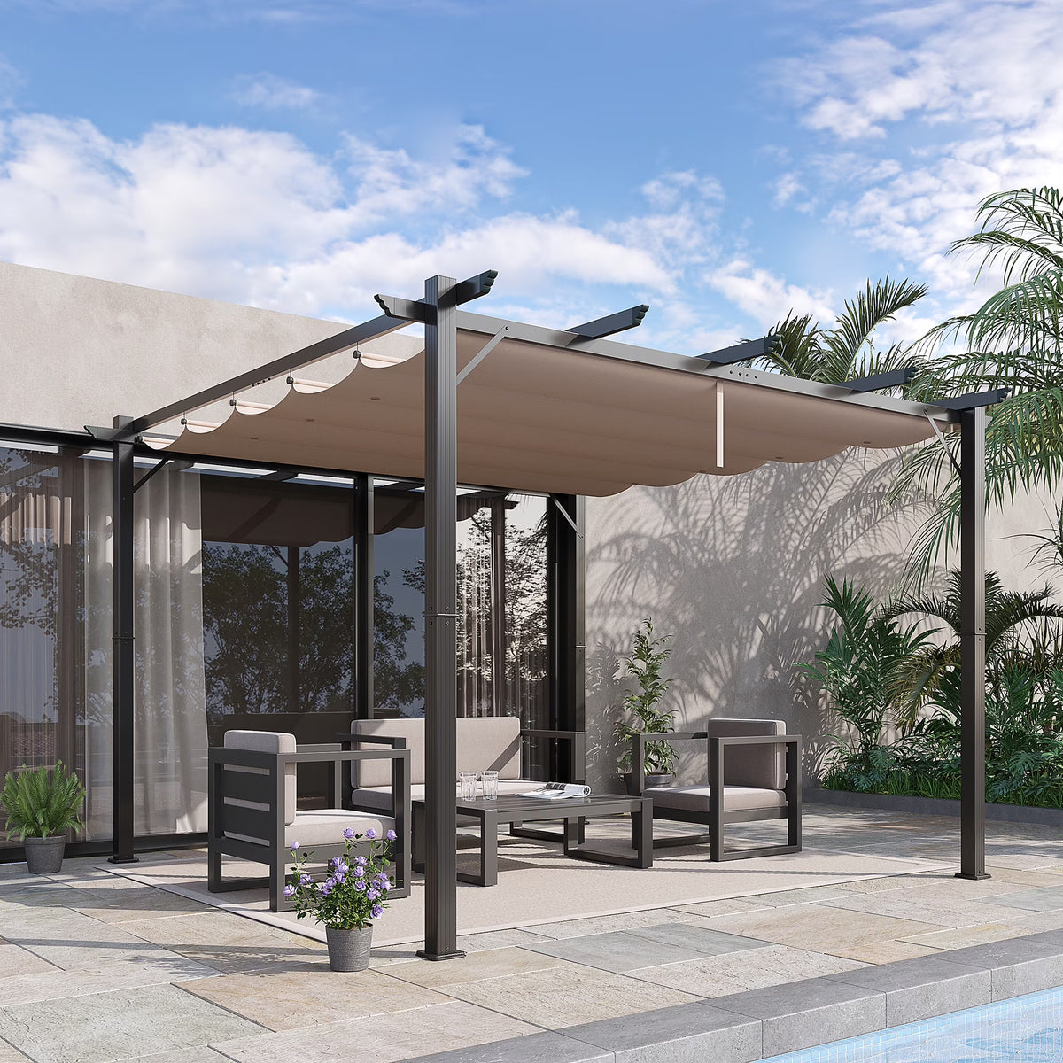 Outsunny 10' x 10' Pergola with Retractable Shade Canopy, Aluminum, Gray