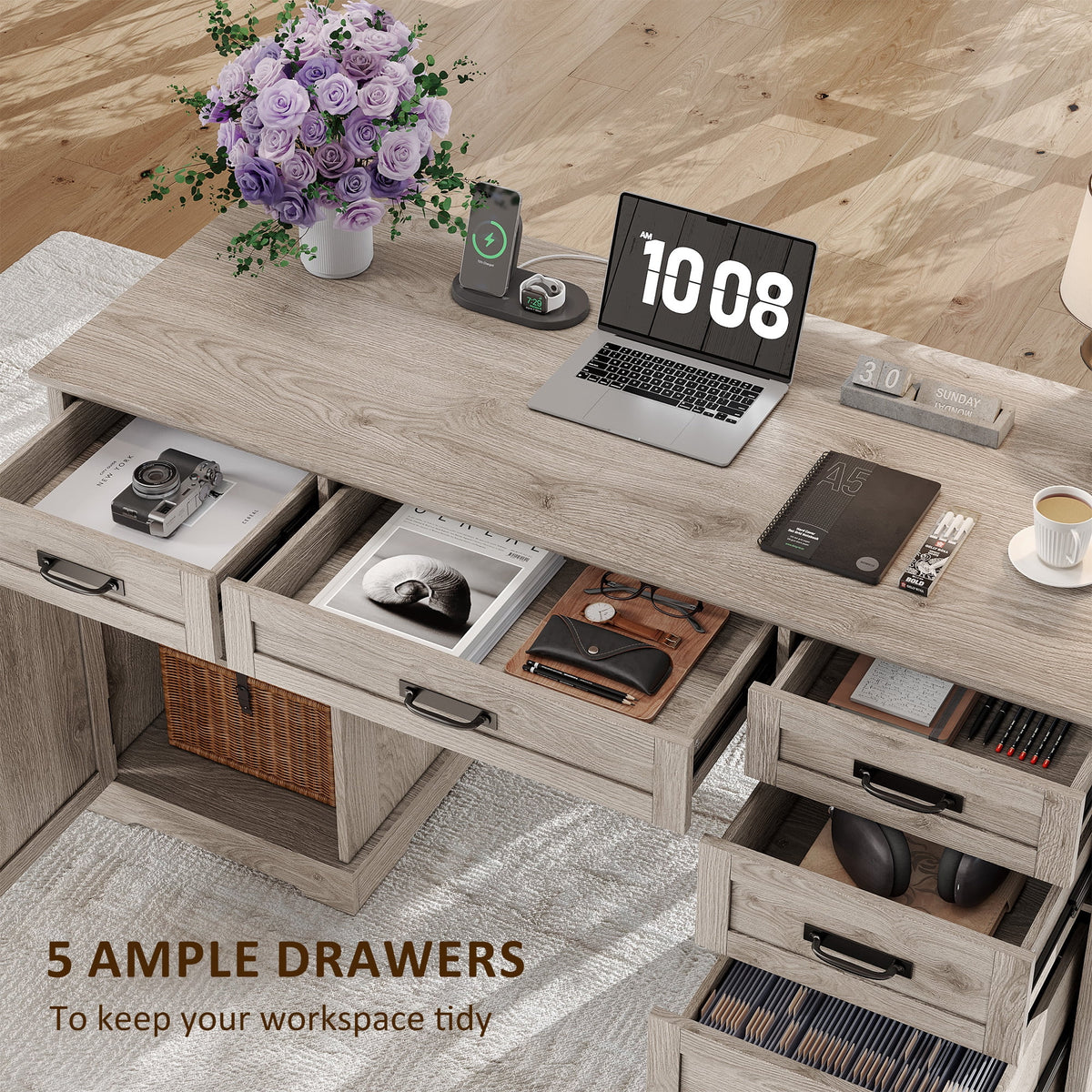 Whalefall 55 in Farmhouse Executive Desk with File Drawer for Adult Home Office, White