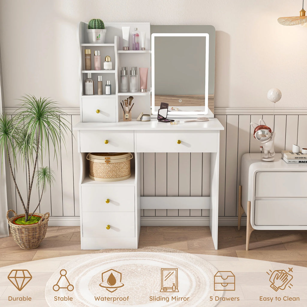 Montary Modern Mini Vanity w/Adjustable LED Mirror + Hidden Storage, Padded Stool & Dustproof Shelves (White)