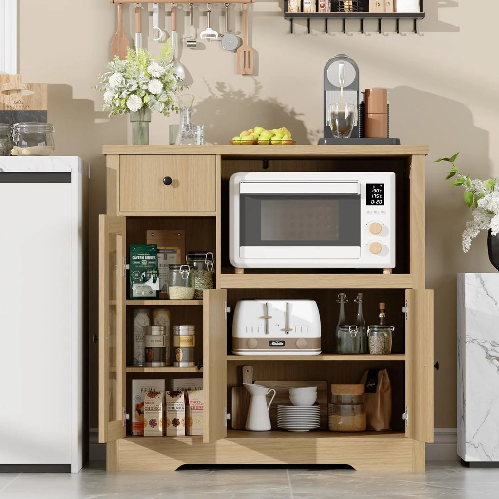 Kitchen Microwave Cabinet with Storage,Buffet Sideboard with 3 Doors, 1 Drawer & Adjustable Shelves, Pantry Storage Cabinet, White
