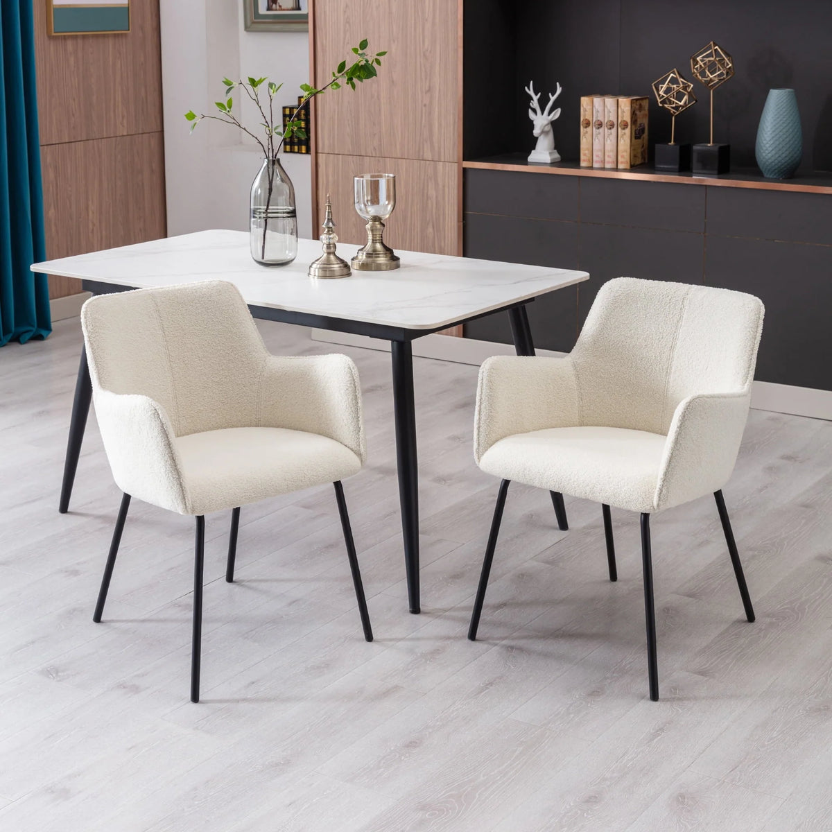 Zesthouse Teddy Sherpa Dining Chairs Set of 2, Modern Boucle Fabric Small Accent Armchairs, Leisure Chairs for Living Dining Room, Cream