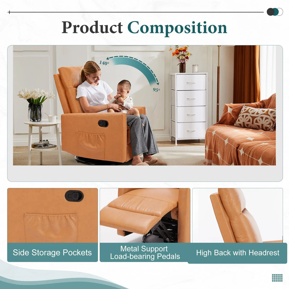 Recliner Message Chair with Footrest, Swivel Rocking Glider, High Back Upholstered Deep Seat for Living Room, Grey