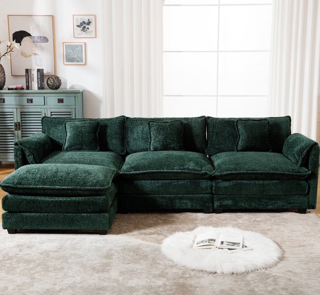 GNIXUU 112" Oversized Sectional Sofa Cloud Couch for Living Room, Modern Chenille L Shaped Couch, Comfy Boucle Modular Sofa Sleeper with Moveable Ottoman & Memory Foam (Green)