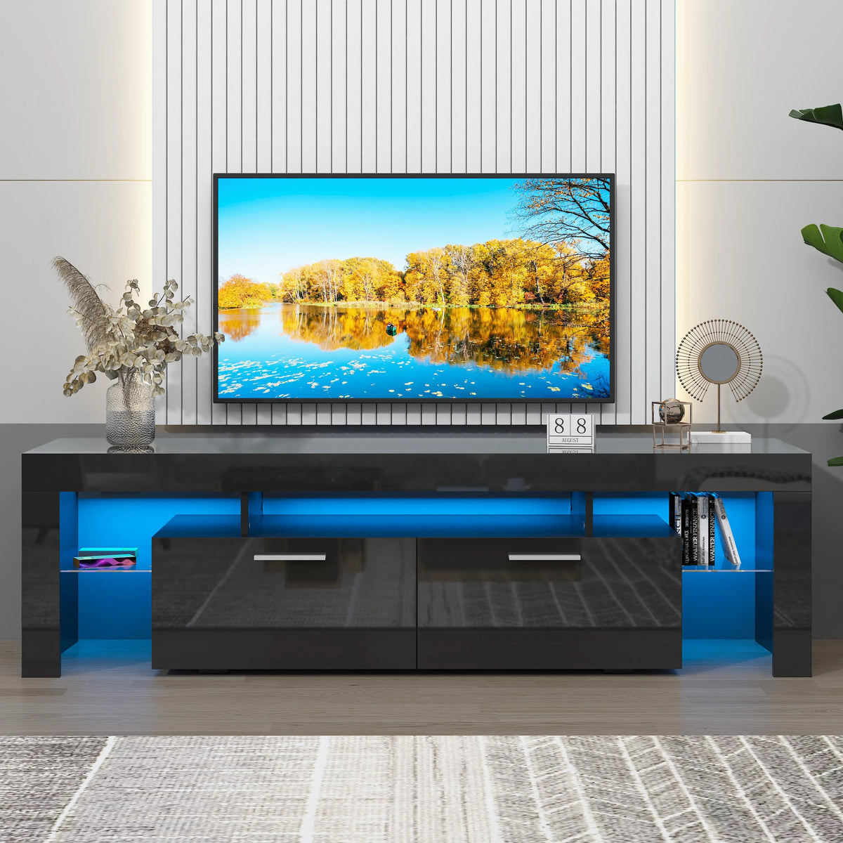 UHOMEPRO TV Stand for TV up to 70", Living Room Entertainment Center with RGB LED Lights and Storage Shelves Furniture, White High Gloss TV Cabinet Console Table