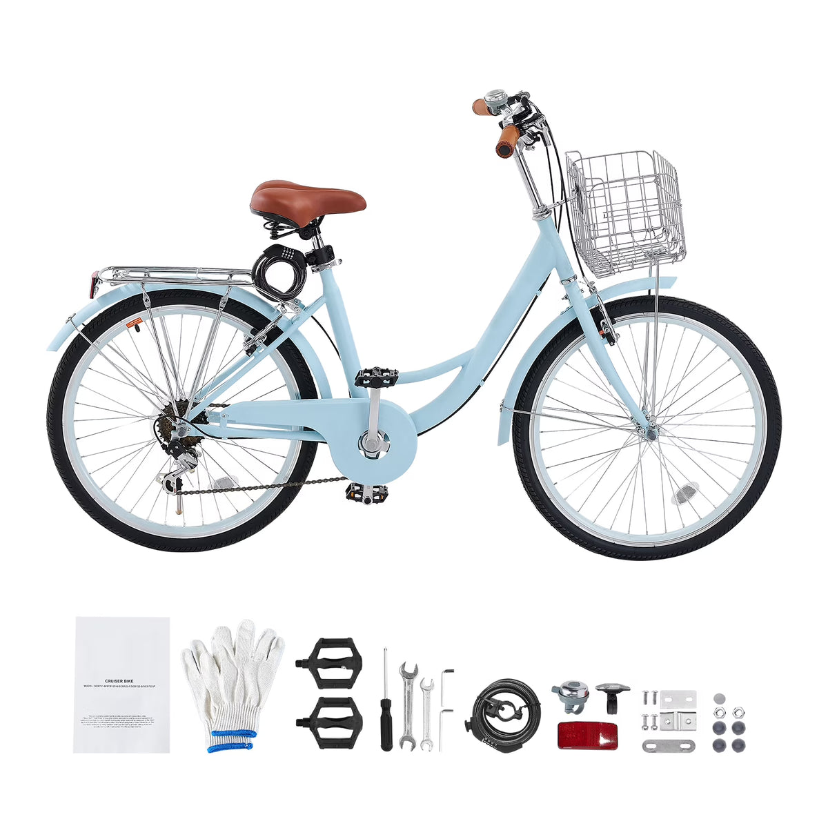 KFFKFF 26" Cruiser Bike, 7-Speed,Pale Blue Coastal Riding Bike with Spacious Basket and Back Stand, Safe & Robust Bicycle with Modifiable Saddle