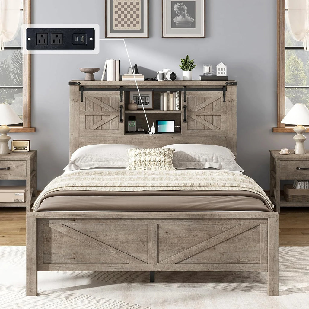 Merluxy Farmhouse Full Bed Frame with Storage Bookcase & Charging Station, Bedroom Furniture, Grey