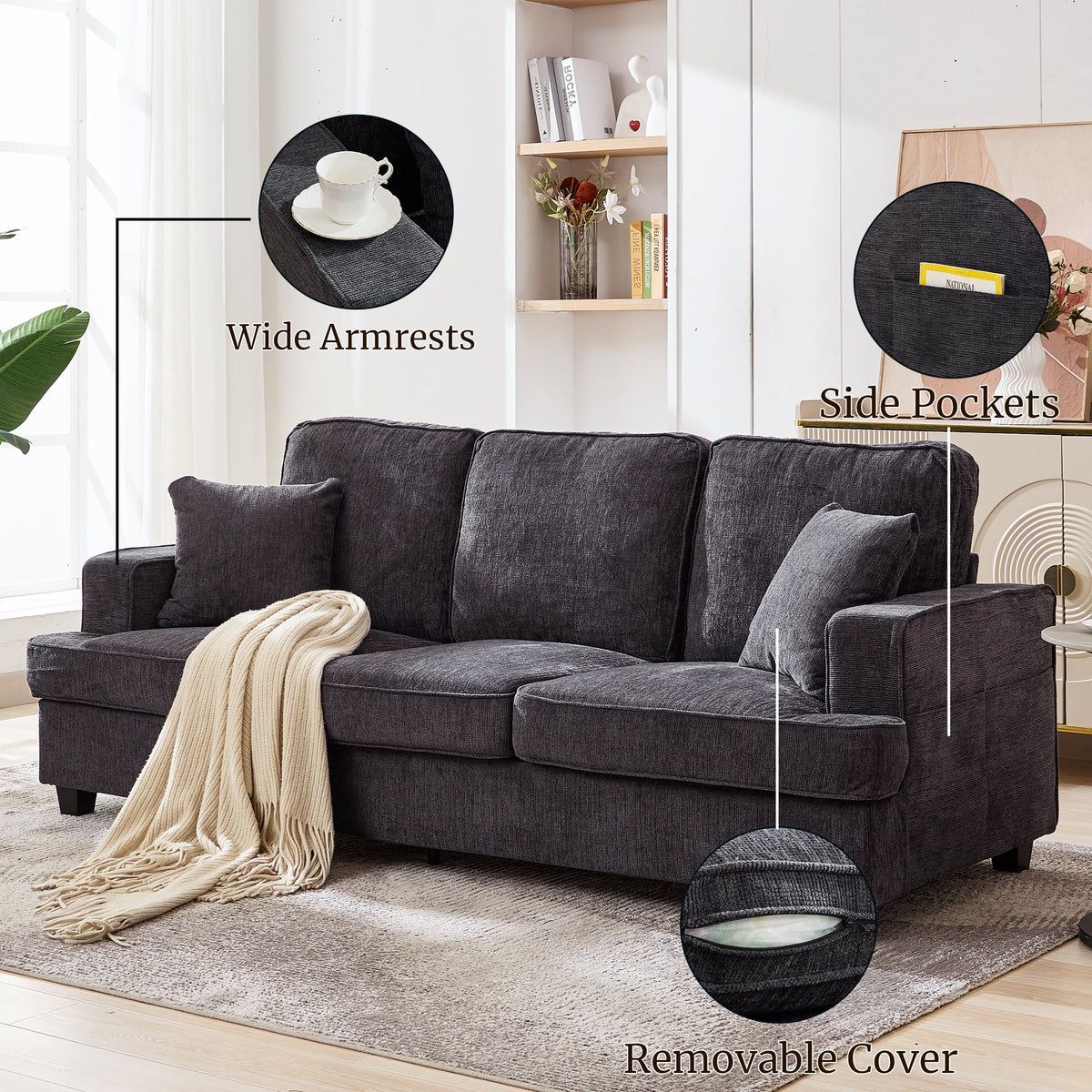 Korser 89" Chenille Sofa 3 Seater Couch with Extra Upholstered Deep Seats for Living Room,Removable Cover,Beige
