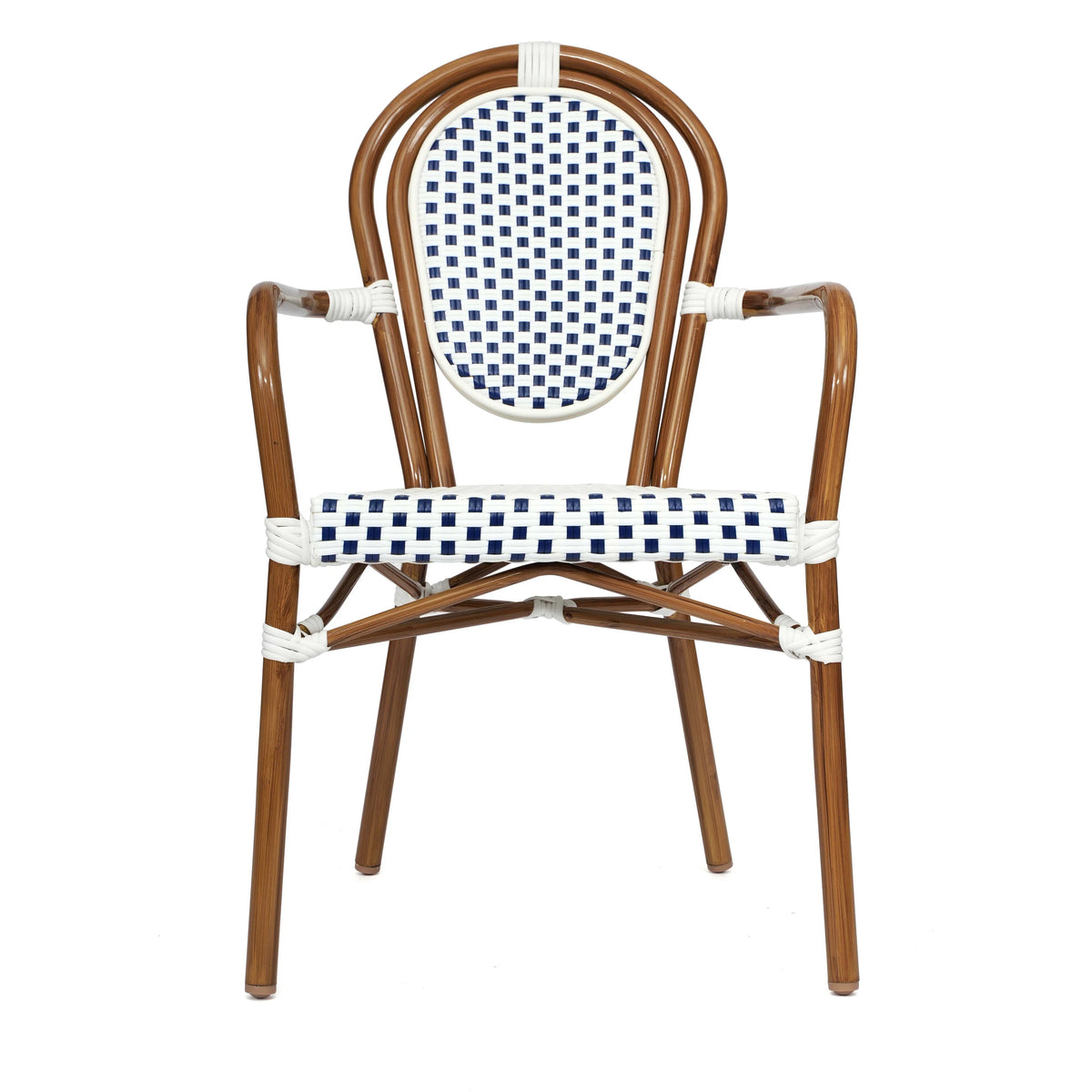 Merrick Lane Stacking Thonet French Bistro Style Chair with Arms, Black & White PE Rattan Seat, and Bamboo Finished Metal Frame for Indoor/Outdoor Use