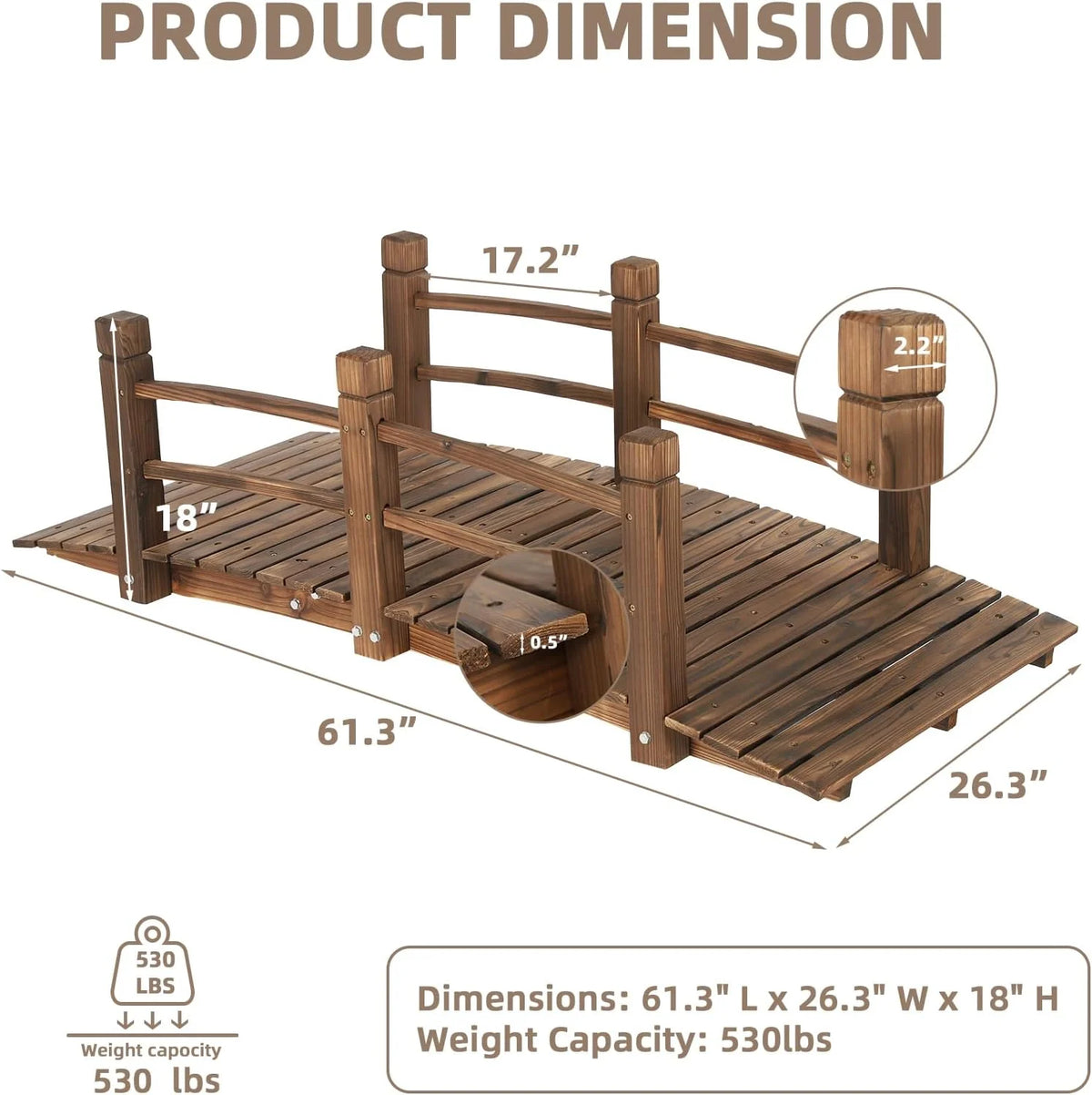 Wooden Garden Bridge Classic Wood Arch Stained Finish Footbridge with Safety Railings, 530 lbs Capacity, Decorative Pond Bridge Landscaping for Outdoor Garden Backyard Creek Farm, Carbonized