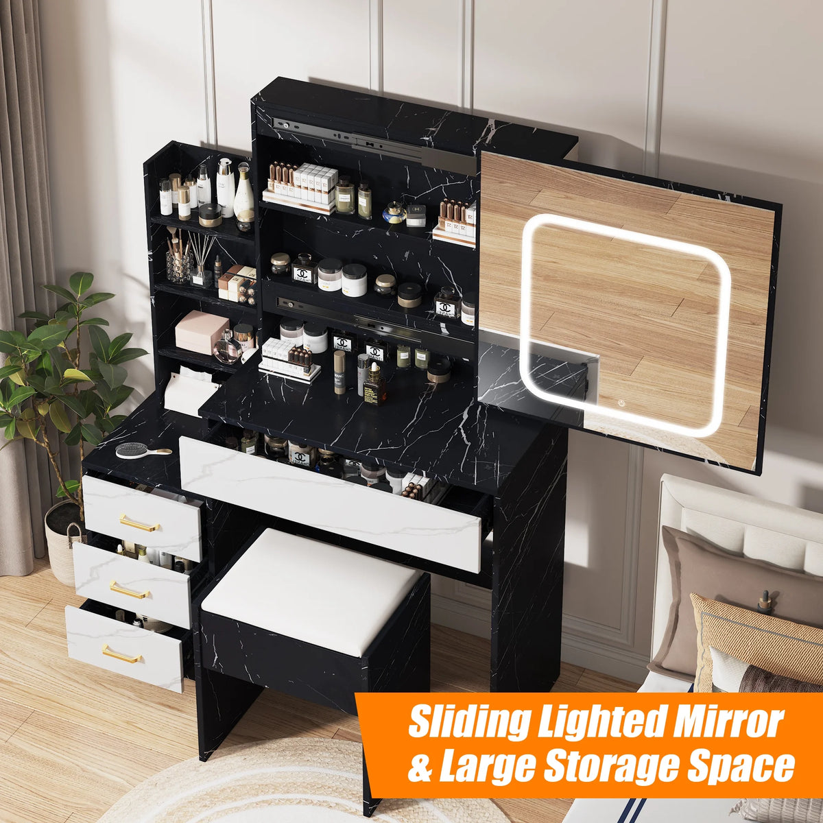 Vanity Desk with Sliding Mirror and Lights, Makeup Vanity Set with 4 Drawers, Stool, Power Outlet, Open Shelves, 3 Color Adjustable Lighting Modes, Makeup Dressing Table for Bedroom, White