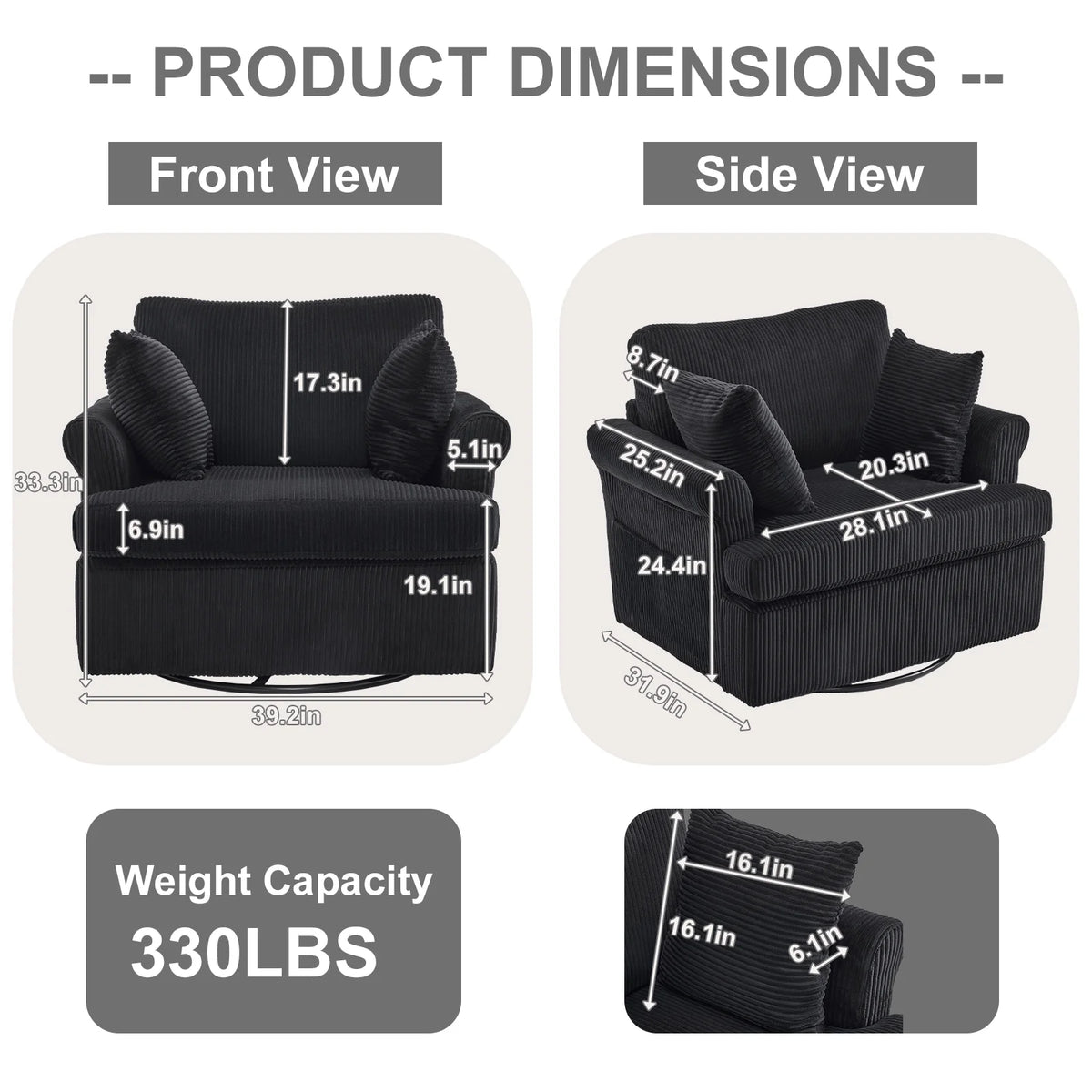 Ktaxon Swivel Accent Chair, 360-Degree Rotation Reading Chair, Corduroy Fabric Sofa with Armrest Pockets, Solid Metal Base, Perfect for Living Room Bedroom Black