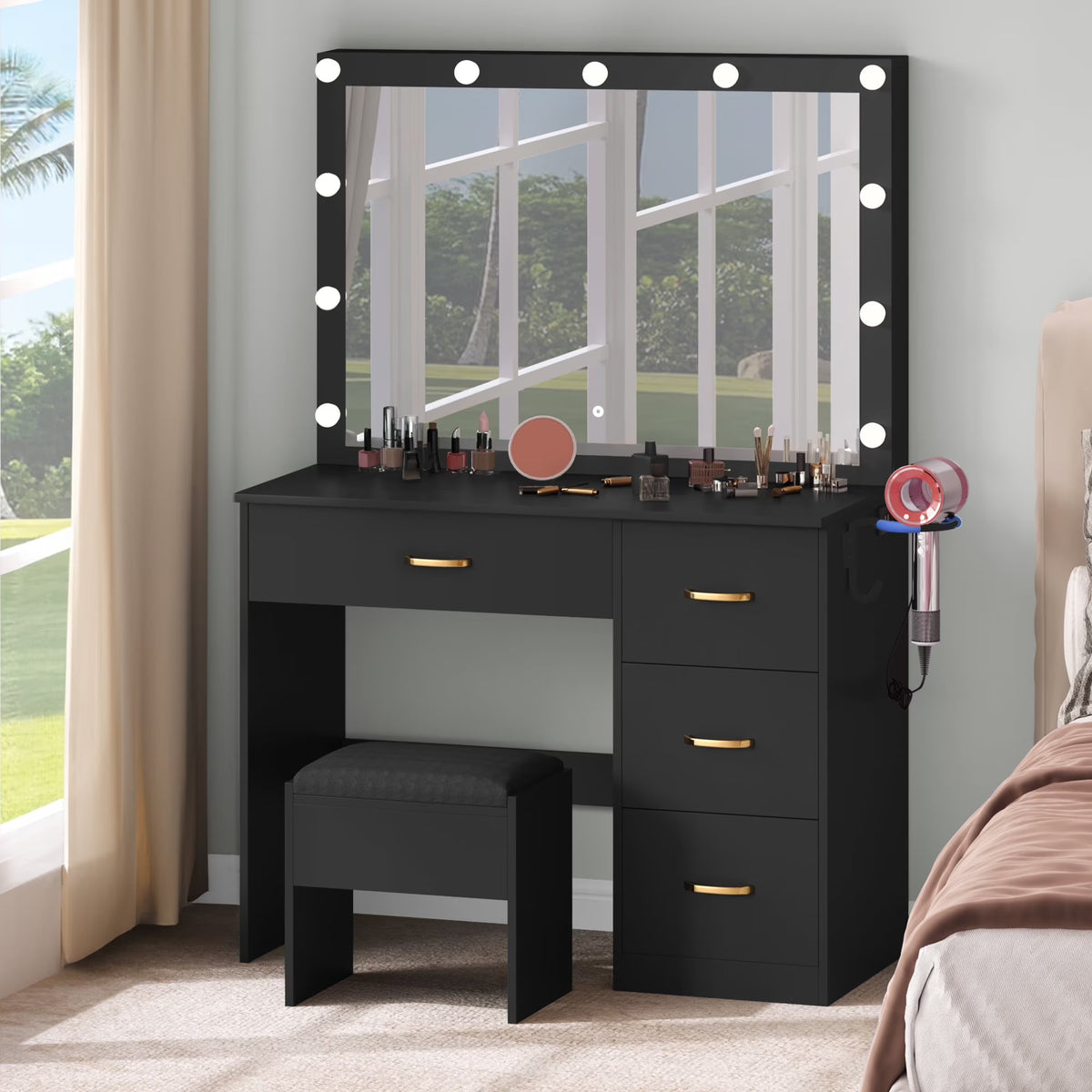 Dextrus Makeup Vanity Desk with Large Lighted Mirror and Storage - Enhance Your Beauty, Routine 4 Drawer Vanity Table with Cushioned Stool, Milky-White