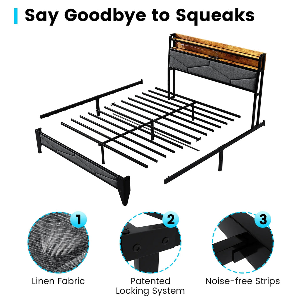 Meteorleg Twin Size Bed Frame with Storage Headboard & Charging Station,Platform Metal Bed Frame with RGB Lights,Grey