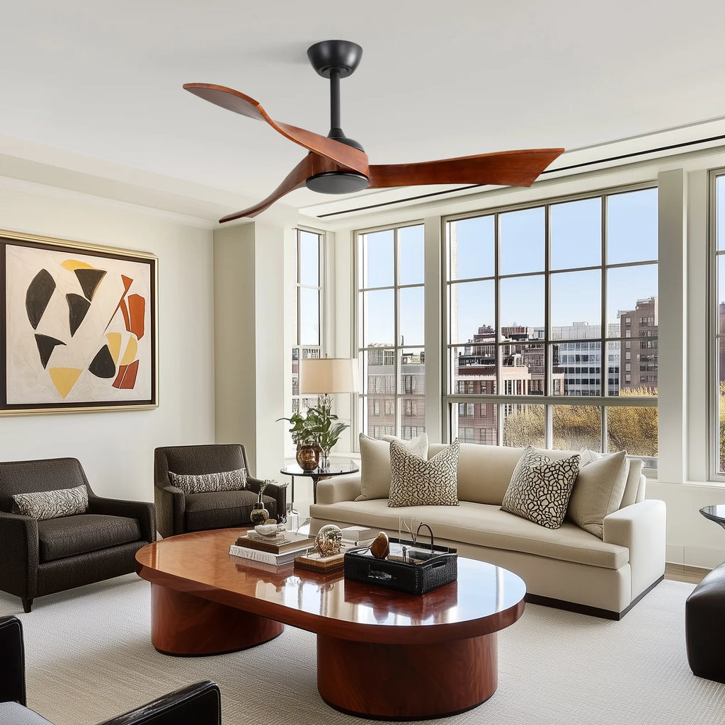 Sofucor 52" Wood Ceiling Fan No Light, 6 Wind Speeds, 3 Blades with Reverse Airflow, Black