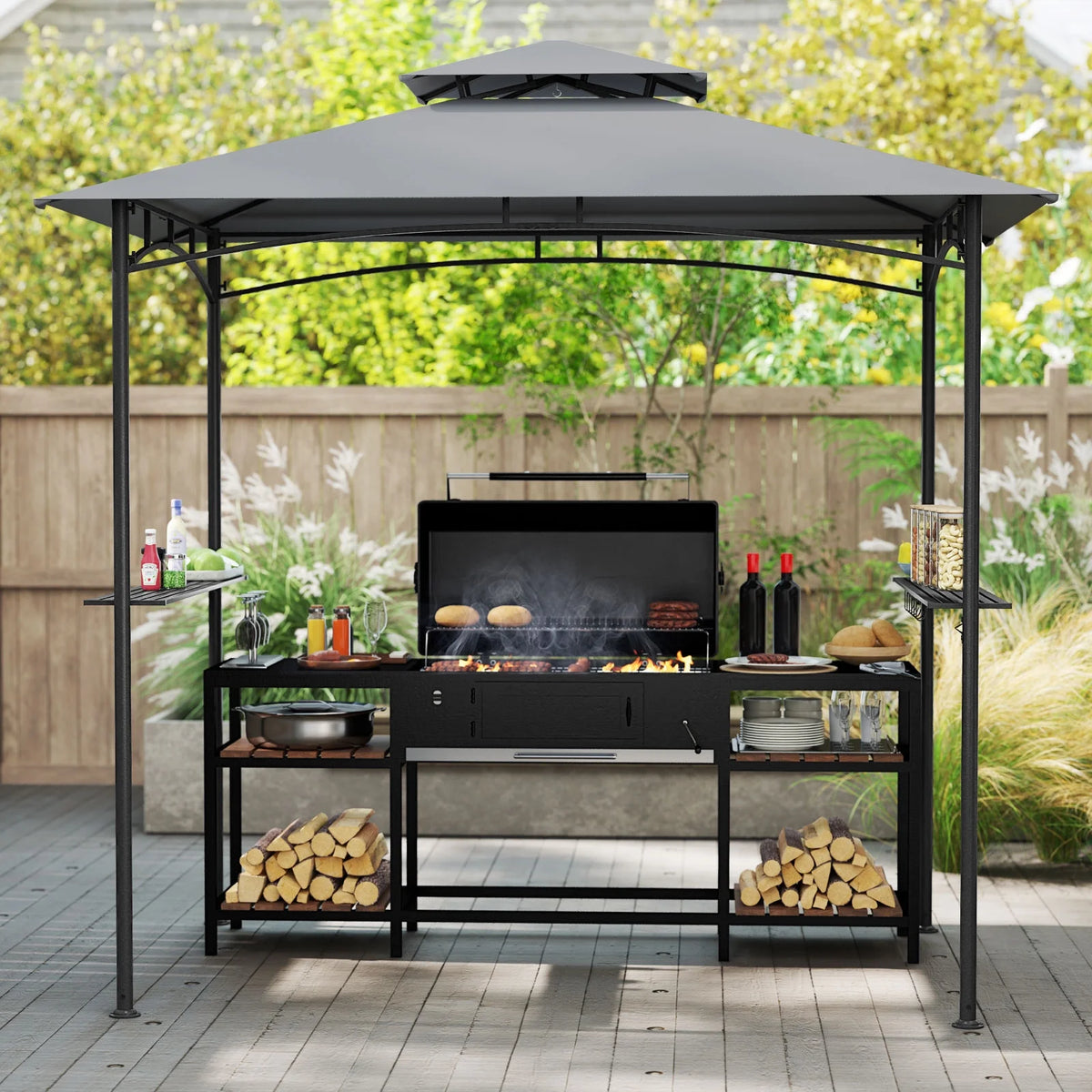 Gymax 8' x 5' Grill Gazebo Outdoor Double-Tiered Grill Canopy w/ 2 Shelves & 6 Hooks