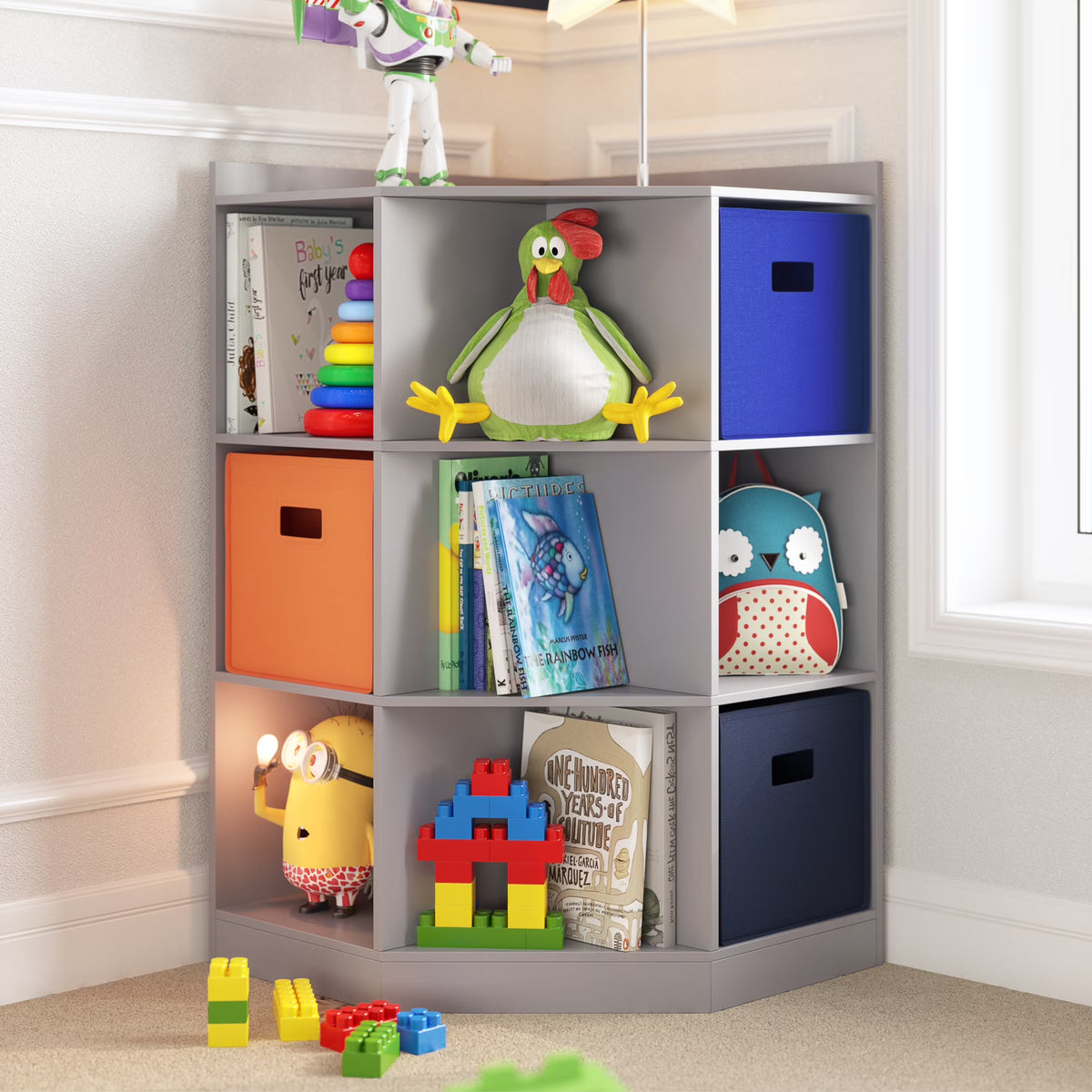 RiverRidge Kids Corner Playroom Cabinet with 6 Toy Storage Cubbies and 3 Shelves - White