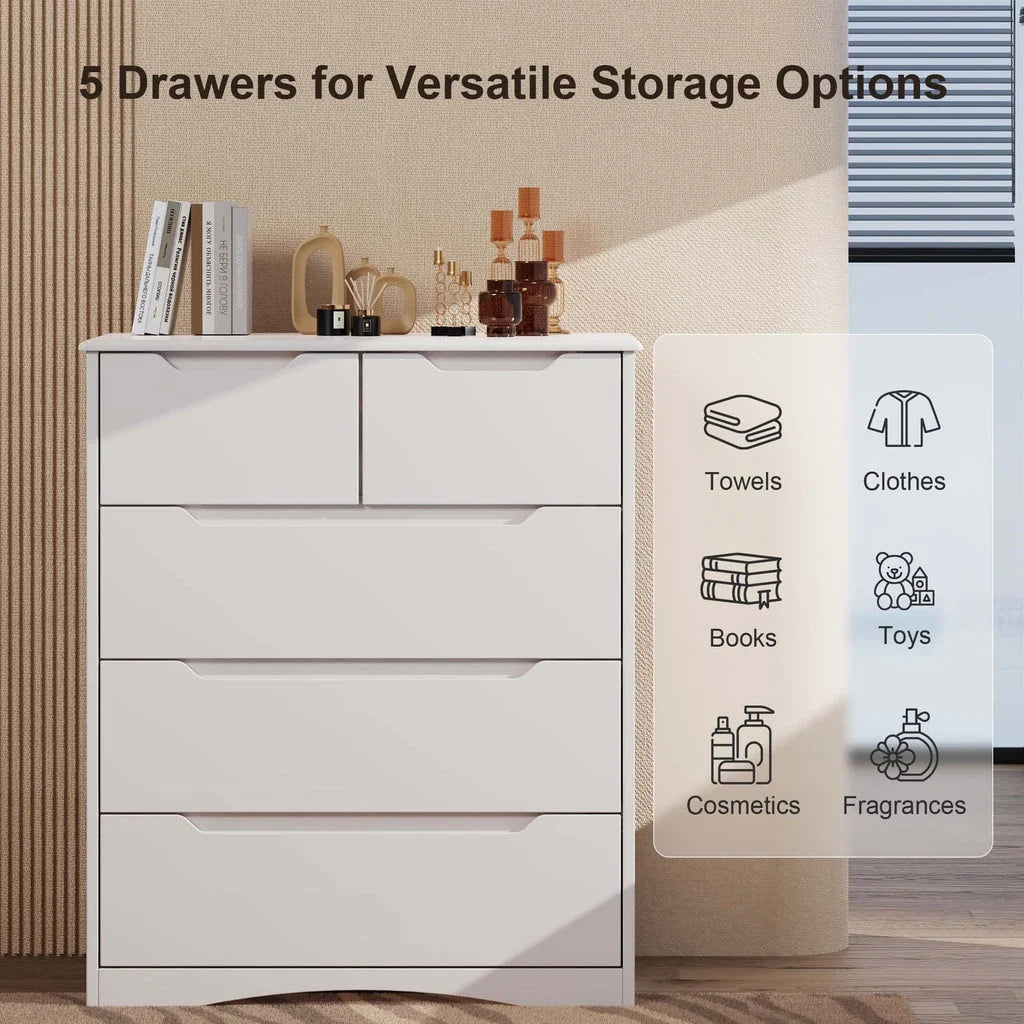 Aiho 5 Drawer Dresser for Bedroom, Office, Living Room - White