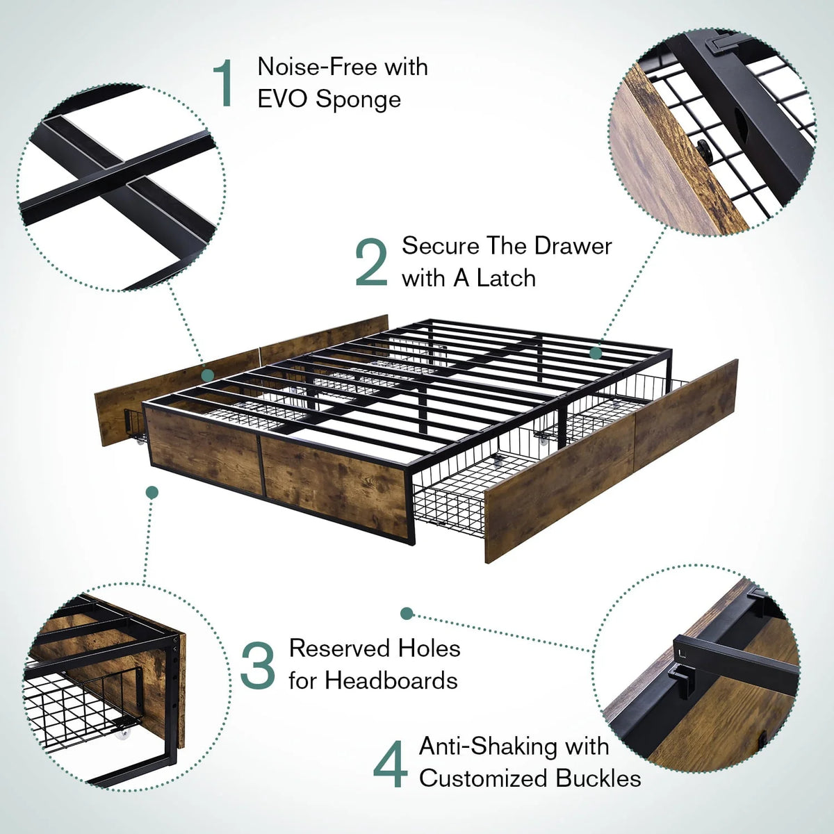 Allewie Industrial Queen Size Metal Platform Bed Frame with 4 XL Storage Drawers with Casters