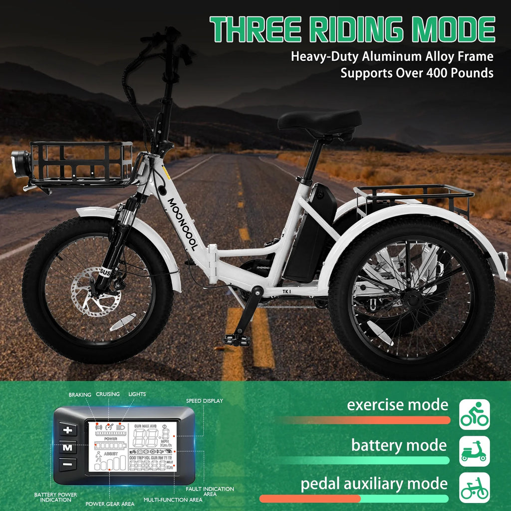 MOONCOOL TK1 Folding Electric Tricycle for Adults,48V 14.5Ah Removable battery, 500W��Peak 1000w��Motor, 20" Fat Tire Step-Thru 3Wheel Electric Bicycle w/Front&Rear Baskets, Certified to UL 2849 by SGS
