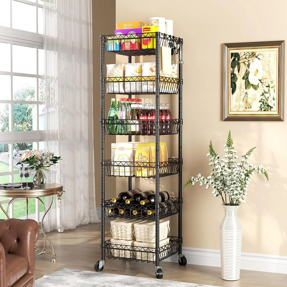 6 Tier Wire Shelving Unit with Wheels Baskets Storage Rack Corner Shelves Adjustable Shelf Closet Bathroom Organizers Metal Pantry Kitchen Garage Laundry Room 13.5" D x 13.5" W x 63" H White