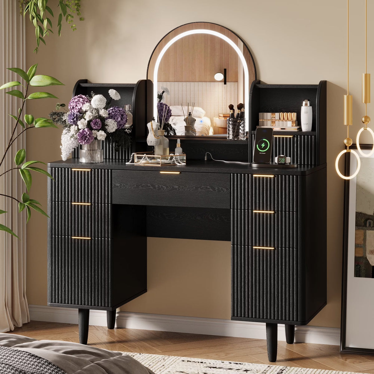 UGTOO 45.2" Modern Vanity Desk with LED Mirror & USB Charging, Wood Makeup Dressing Table with 7 Drawers for Bedroom
