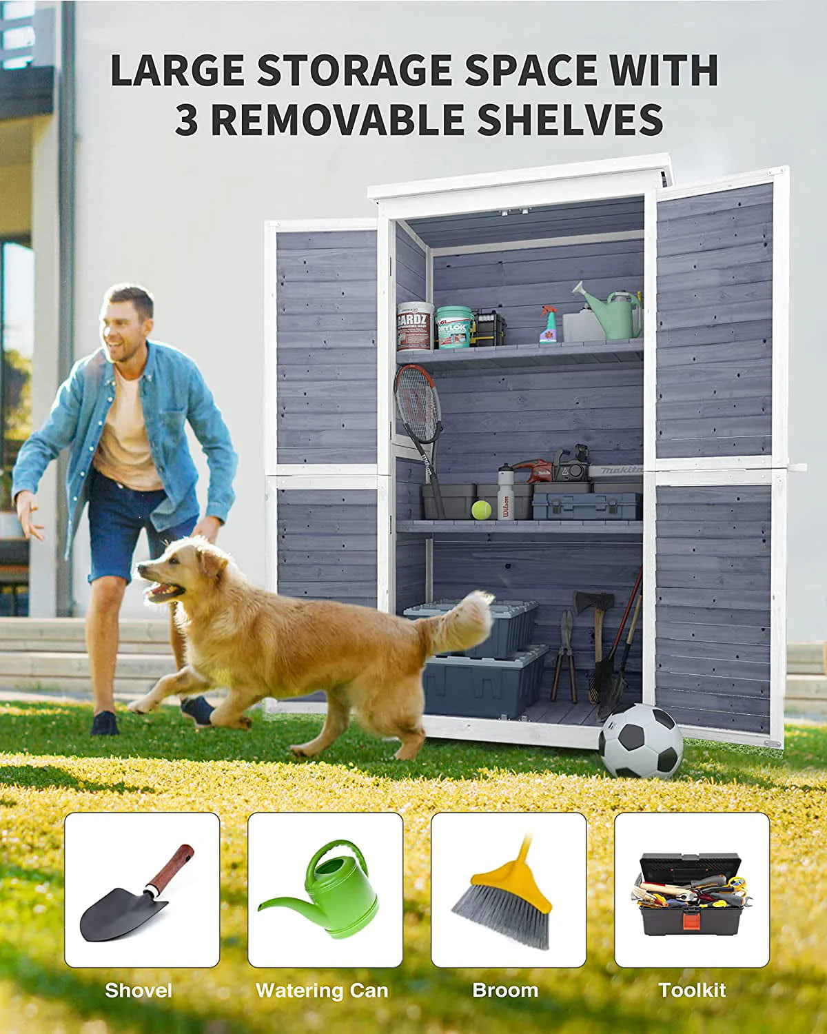 Lofka Outdoor Storage Cabinet Garden Shed w/ Asphalt Roof, Gray
