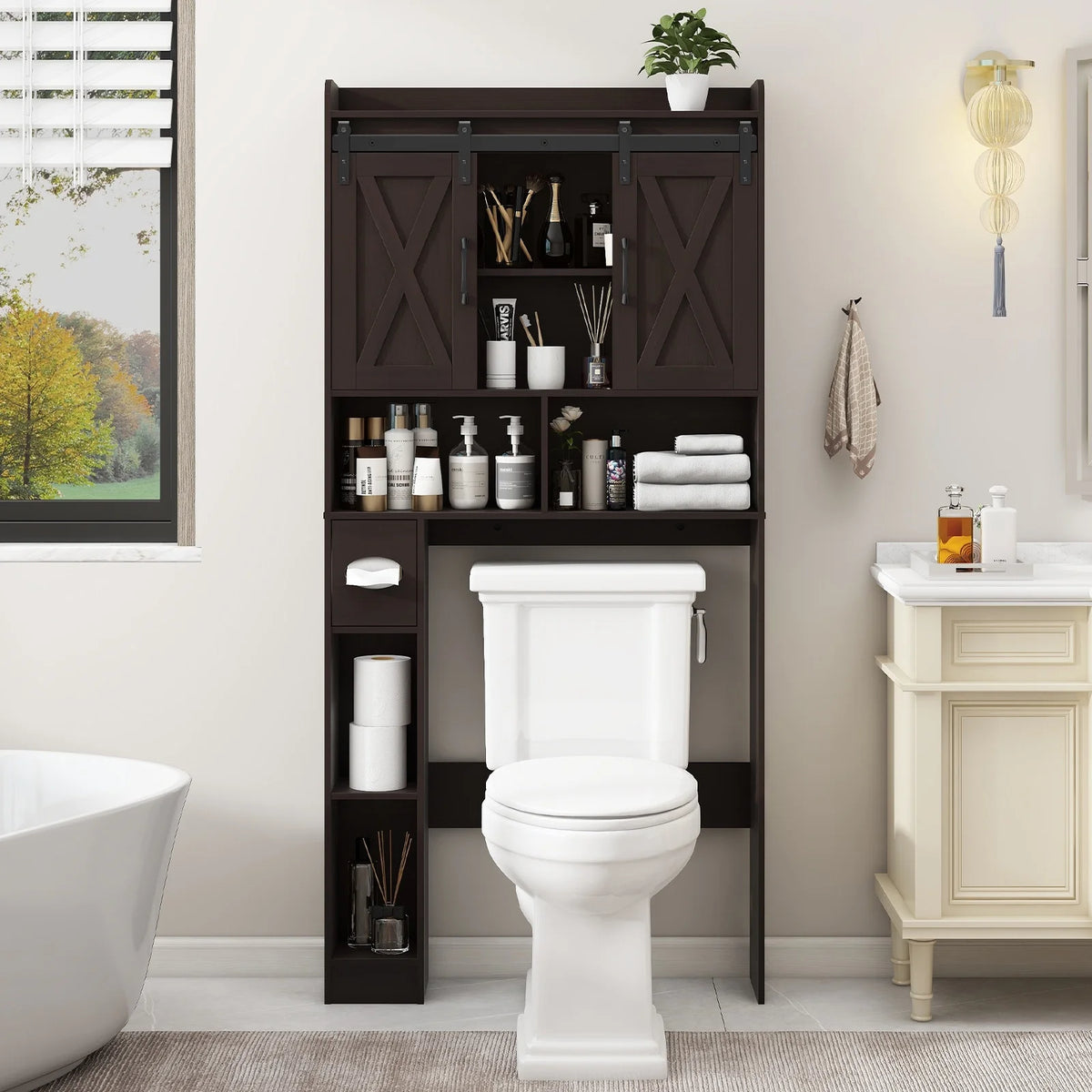 Over The Toilet Storage Cabinet, Farmhouse Storage Cabinet Over Toilet with Sliding Doors��Home Space-Saving Toilet Rack, for Bathroom, Restroom, Laundry