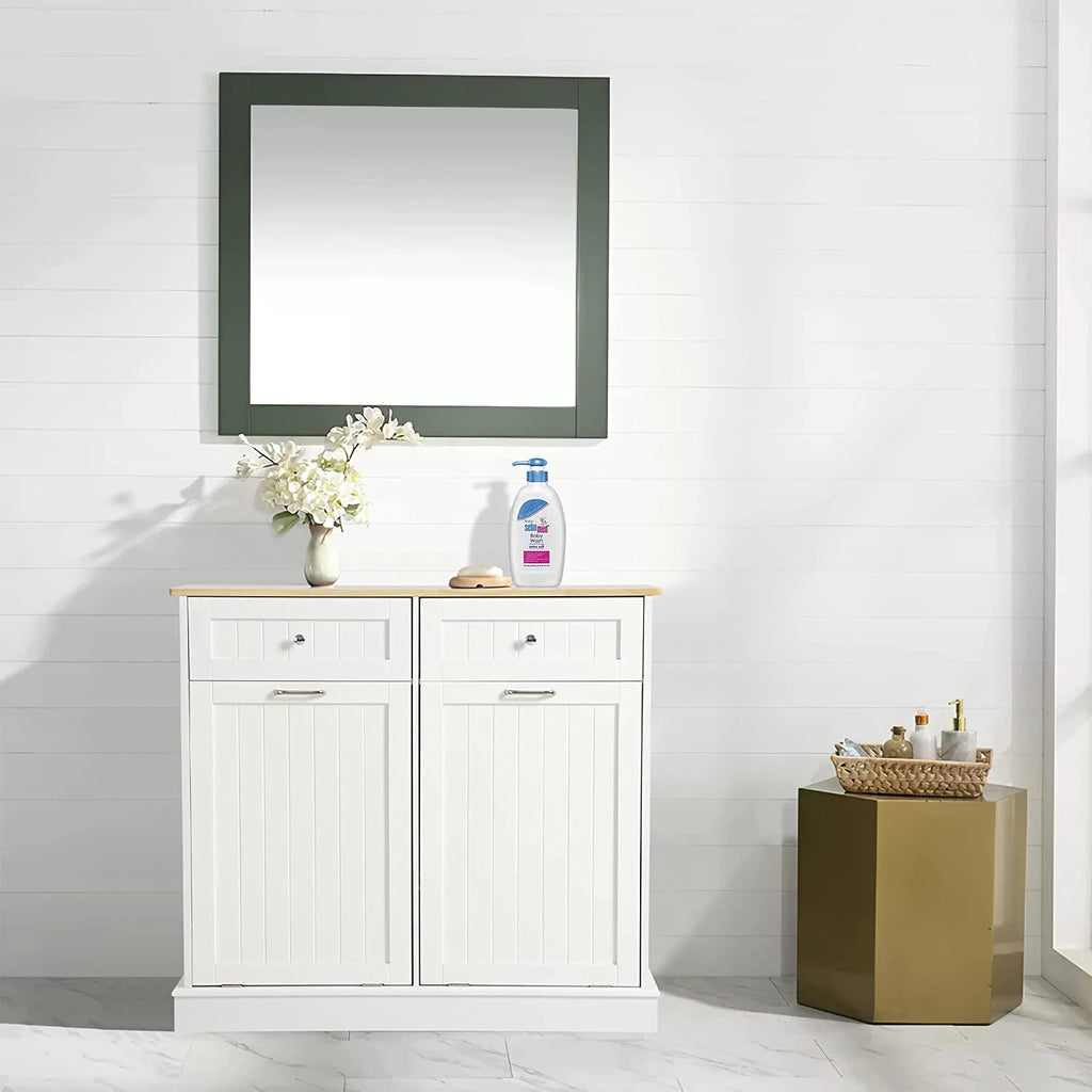 KIGOTY Dual Kitchen Trash Cabinet, Double Tilt Out Trash Can Cabinet with Countertop and Drawer, Free-Standing Pet Proof Recycling Cabinet Garbage Can Holder, Wood (White)