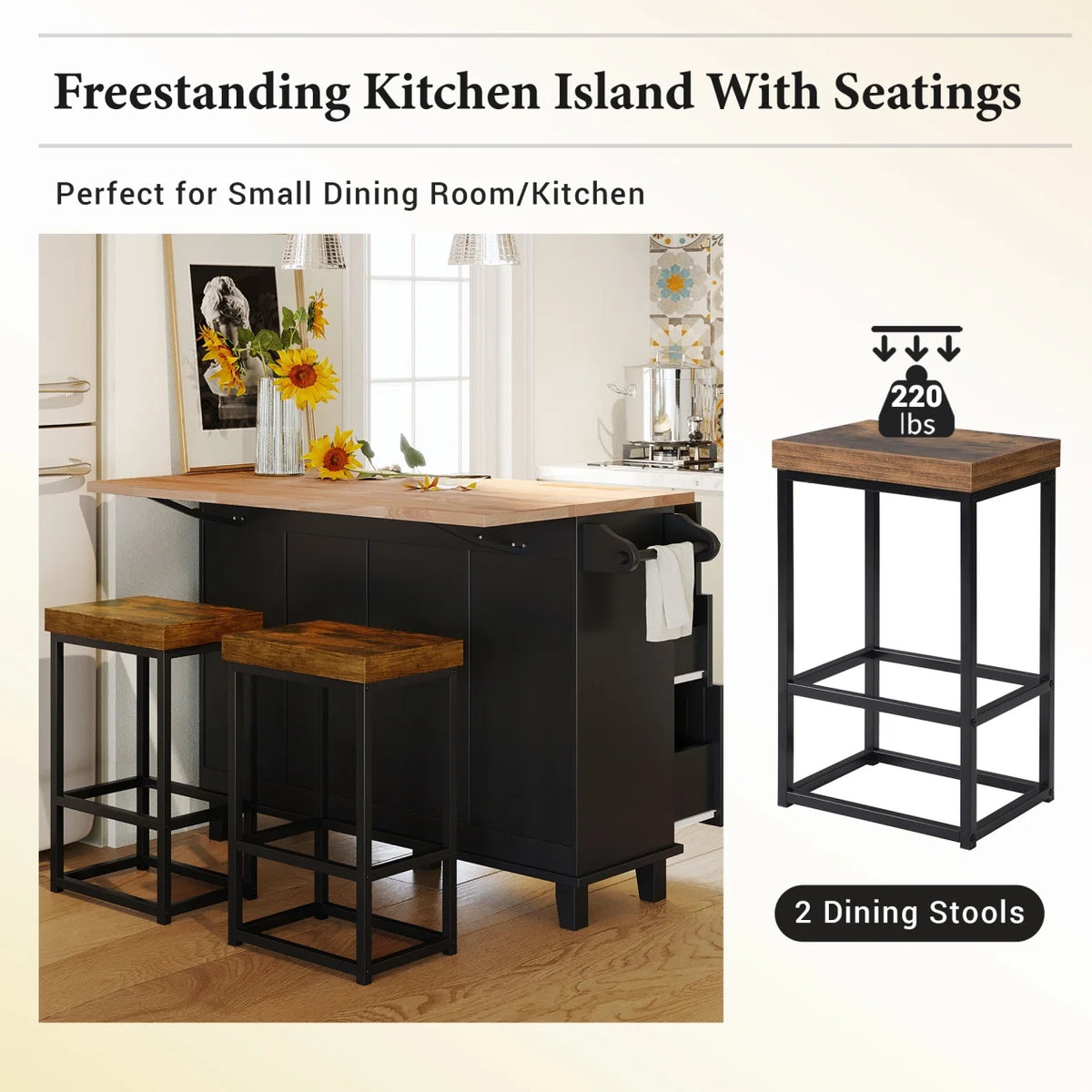 Kitchen Island with Storage, Portable Kitchen Island on Wheels with Drop-Leaf and 2 Stools, Built-in 4 Drawers and Towel Rack, Rolling Kitchen Island Cart for Home, Kitchen and Dining Room, White