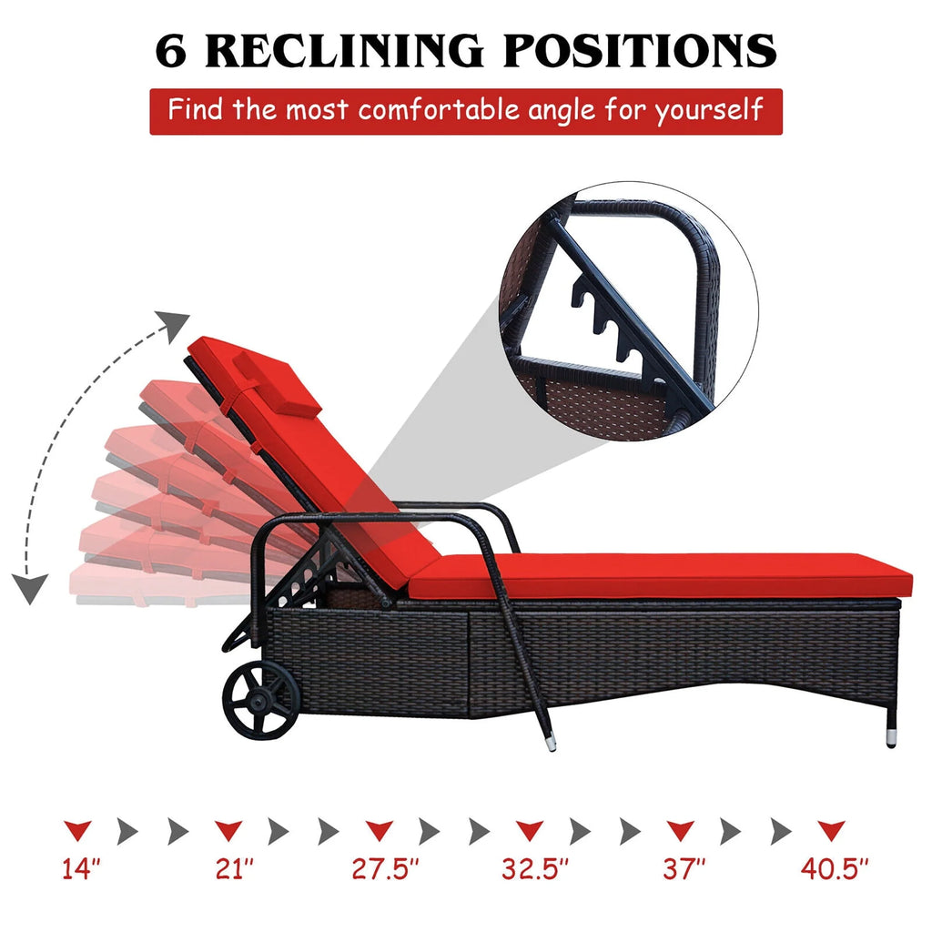 Gymax 2PCS Cushioned Outdoor Wicker Lounge Chair w/ Wheel Adjustable Backrest Red & Off White