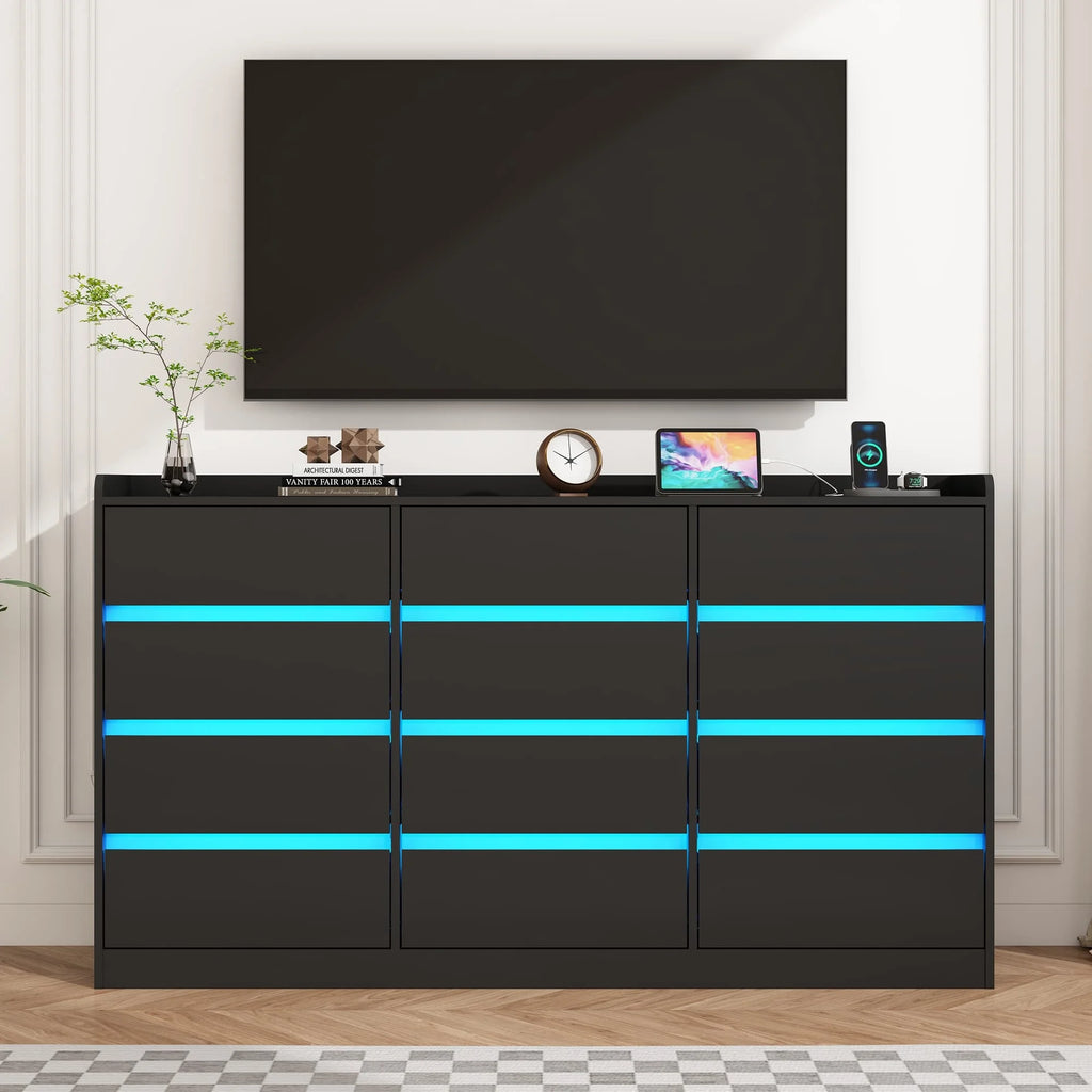 9 Drawer Dresser for Bedroom with Power Outlet, 63" Large Dresser with LED Light, Wooden Dresser For Closet, Chest of Drawers with Raised Edges