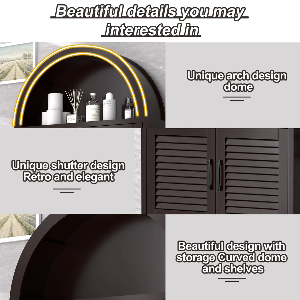 HARIPUL Over The Toilet Storage Cabinet w/ Unique Wood Grain & Arc Design, Freestanding Bathroom Shelf Organizer Space Saver w/ Doors & Anti-Tip Device, Wood Color