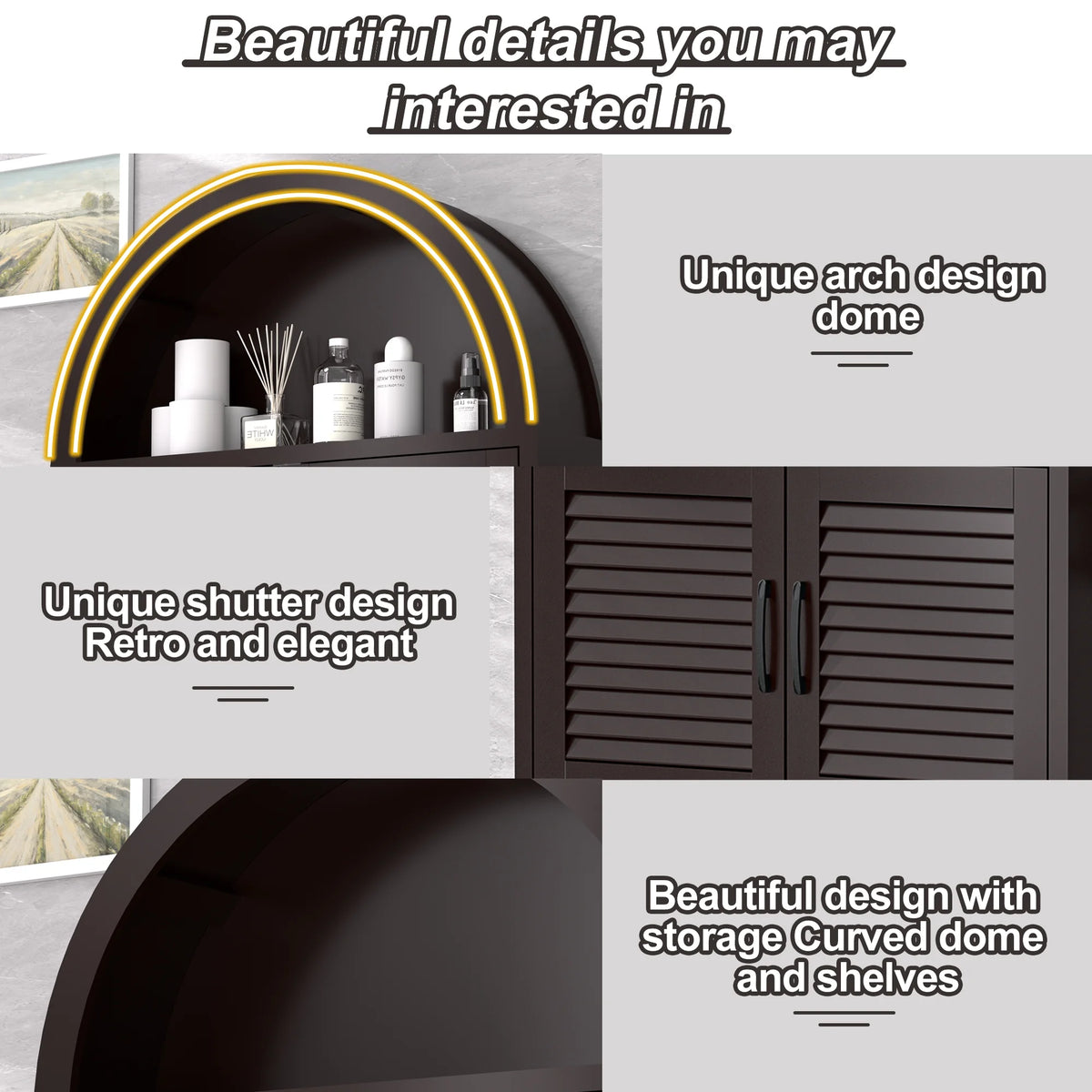 HARIPUL Over The Toilet Storage Cabinet w/ Unique Wood Grain & Arc Design, Freestanding Bathroom Shelf Organizer Space Saver w/ Doors & Anti-Tip Device, Wood Color