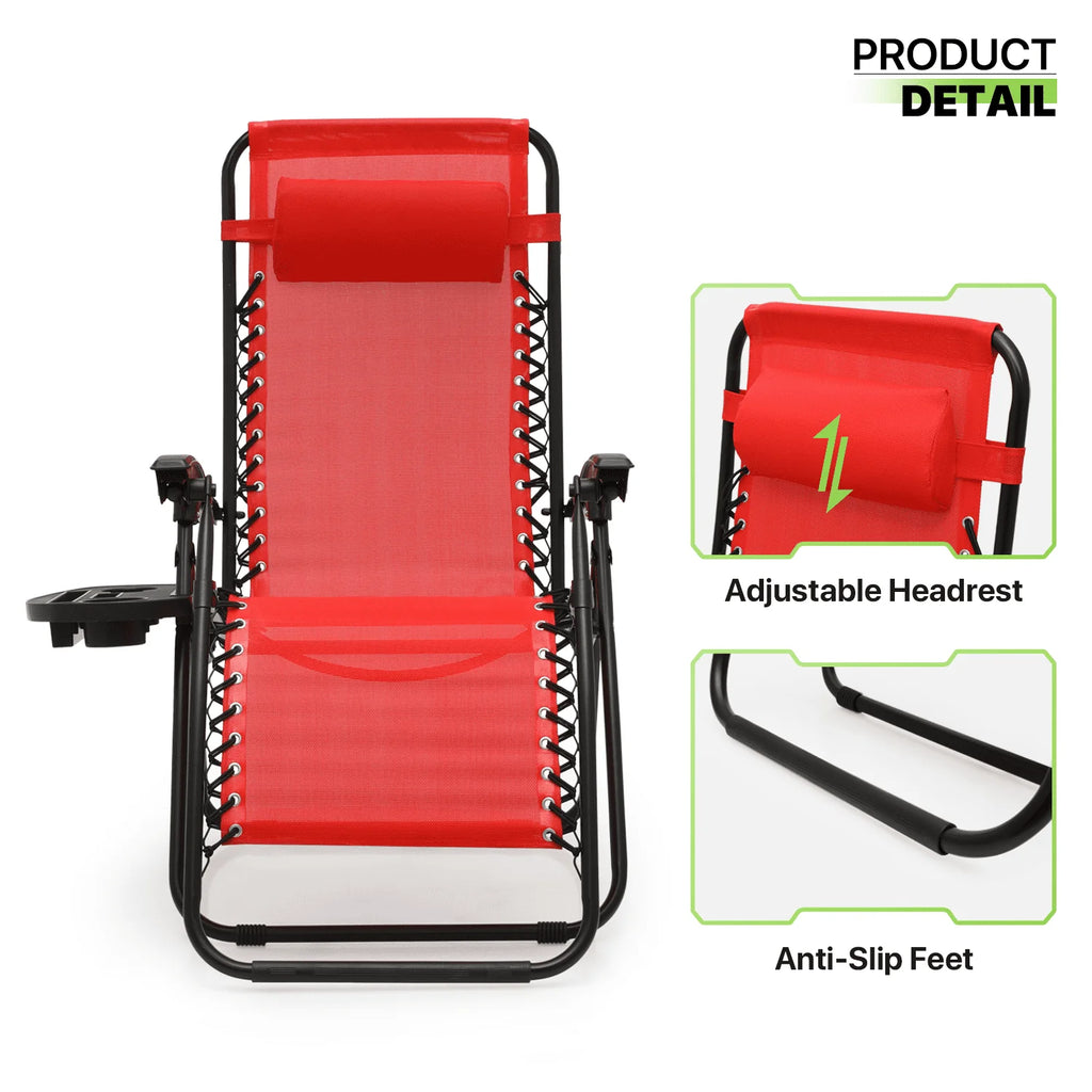 Magshion 2PCS Zero Gravity Foldable Chairs Set Adjustable Recliners with Pillow Outdoor Lounge Chaise Built-in Cup Holder for Camping Patio Porch Beach Backyard Garden, Red