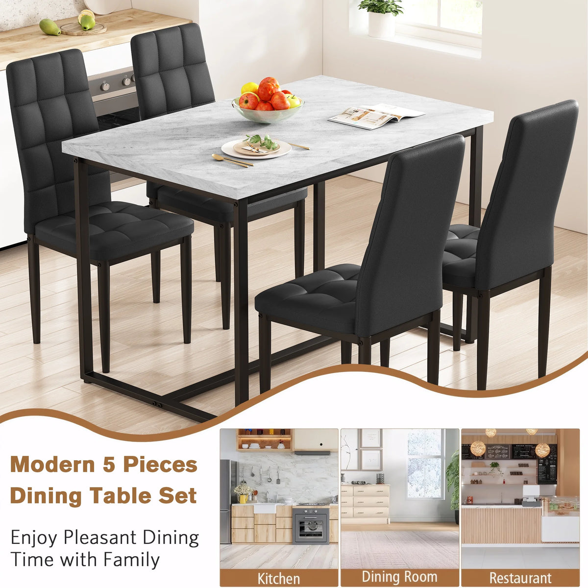 SEGMART Dining Table with 4 High-Back Upholstered Chairs, Modern Dinette Set, Dining Table & Chairs Set for 4 Persons, Small Home Kitchen Dining Table Set, Ideal for Apartment Breakfast Nook