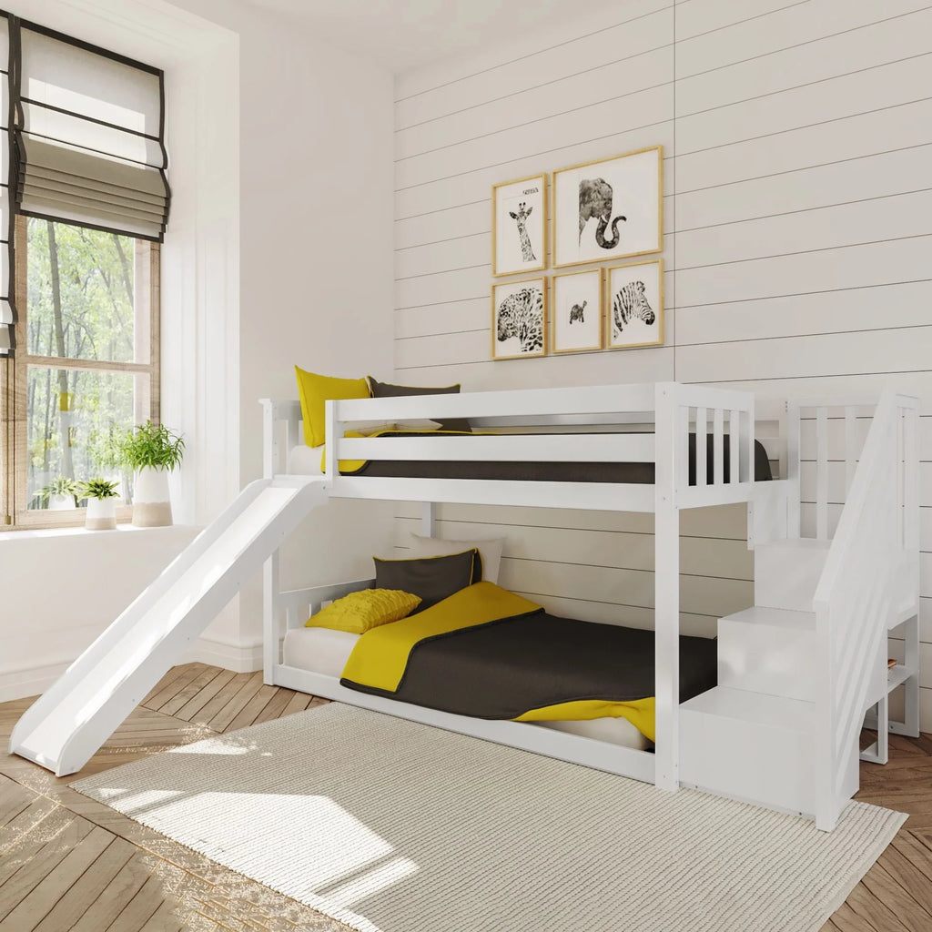 Max & Lily Wood Twin over Twin Bunk Bed for Kids with Wooden Staircase and Slide, White